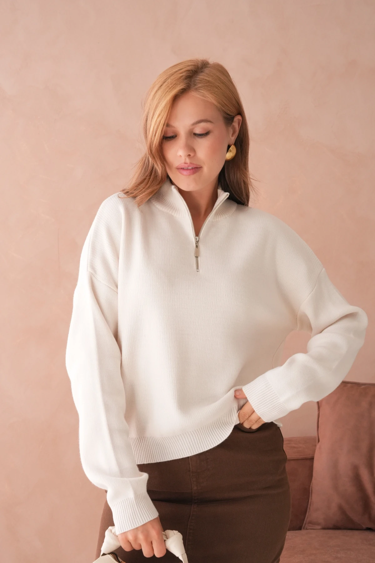 Kadın Taş Oversize Fermuarlı Basic Triko Kazak