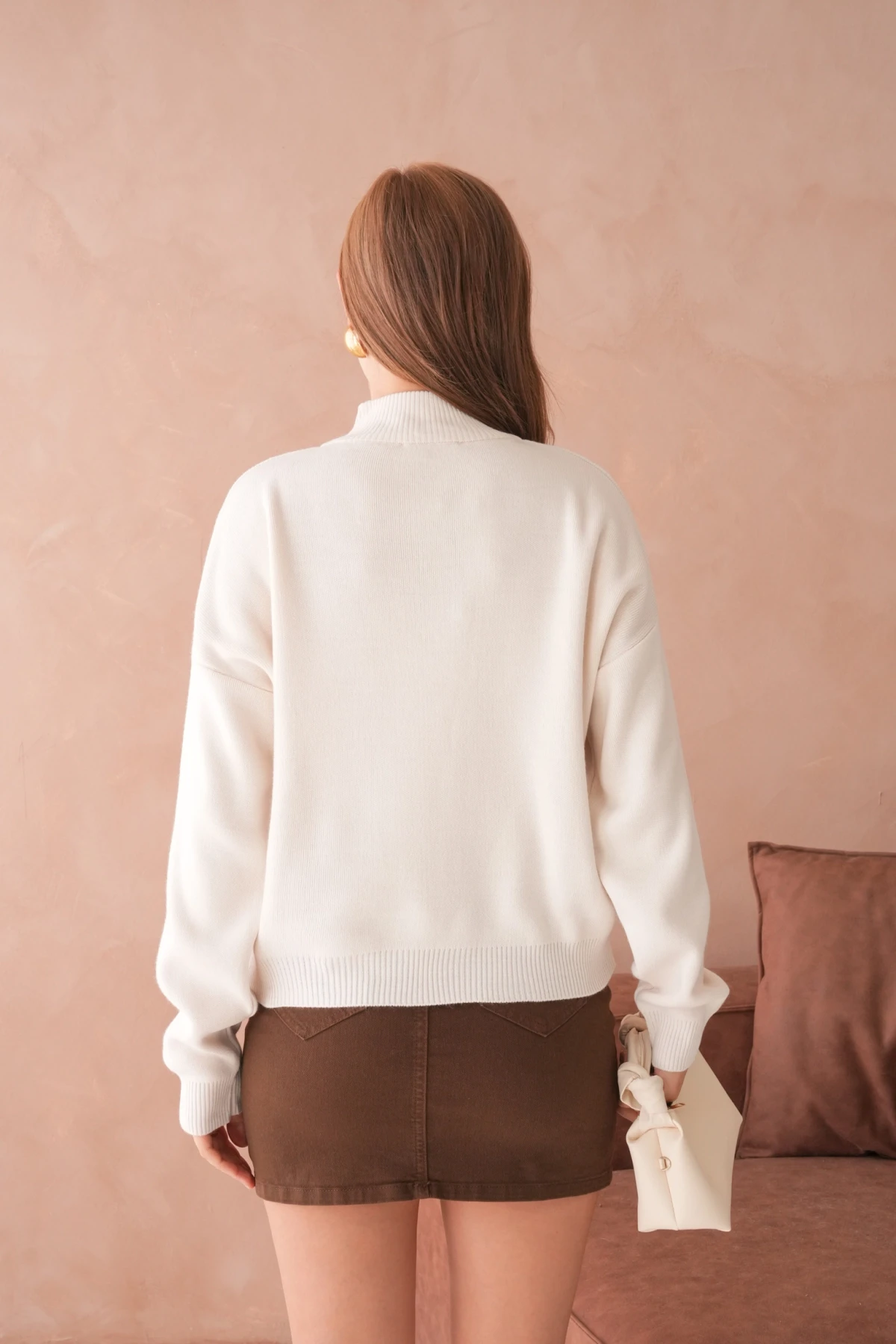 Kadın Taş Oversize Fermuarlı Basic Triko Kazak