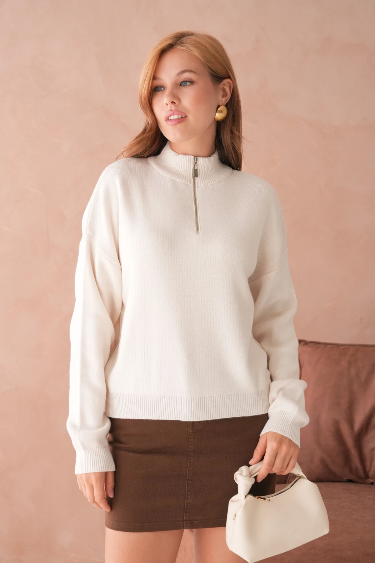 Kadın Taş Oversize Fermuarlı Basic Triko Kazak