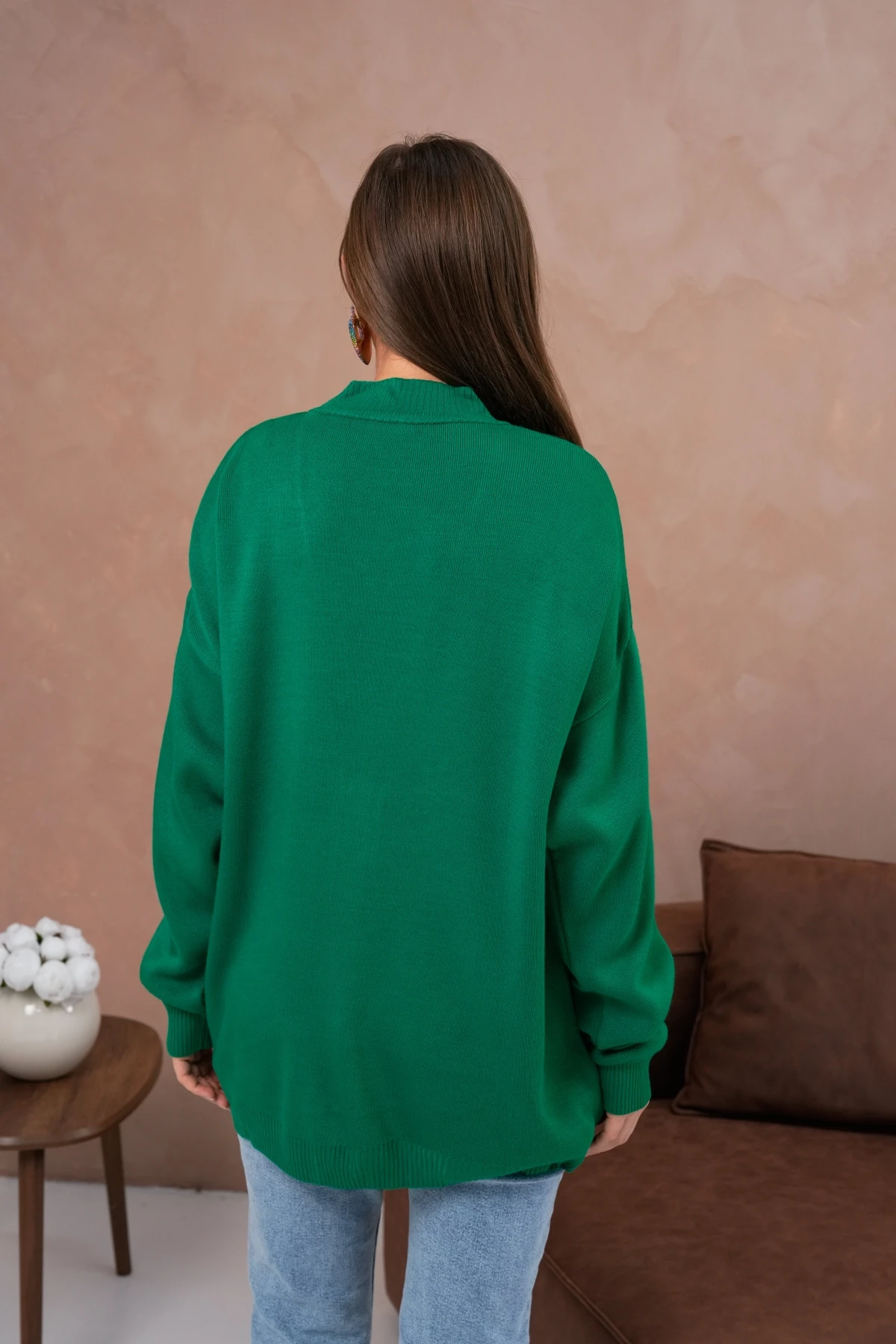 Kadın V Yaka Düğme Kapama Nakışlı Oversize Triko Hırka