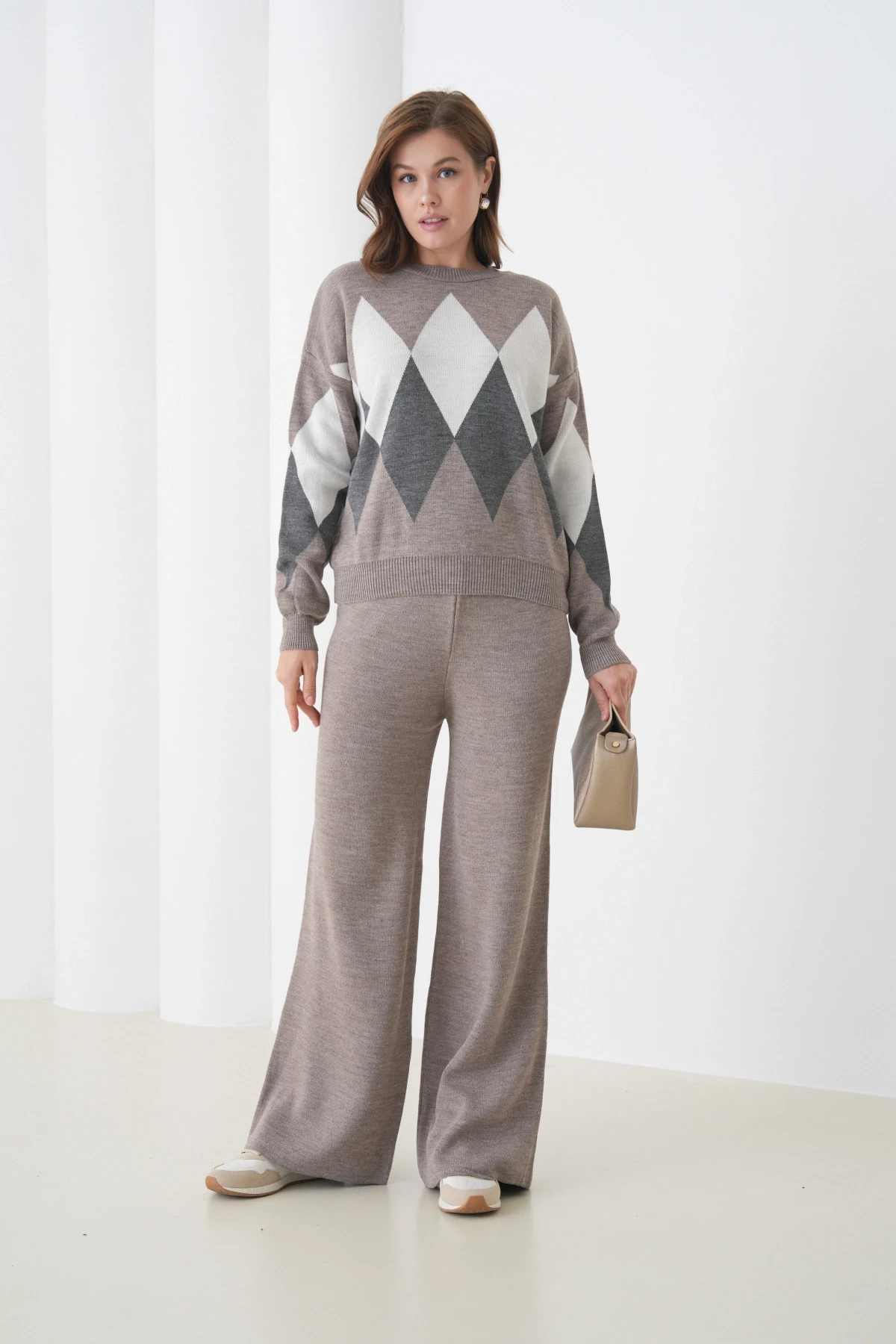 Kadın Vizon Bisiklet Yaka Baklava Desenli Kazak Pantolon Triko Alt-Üst Takım