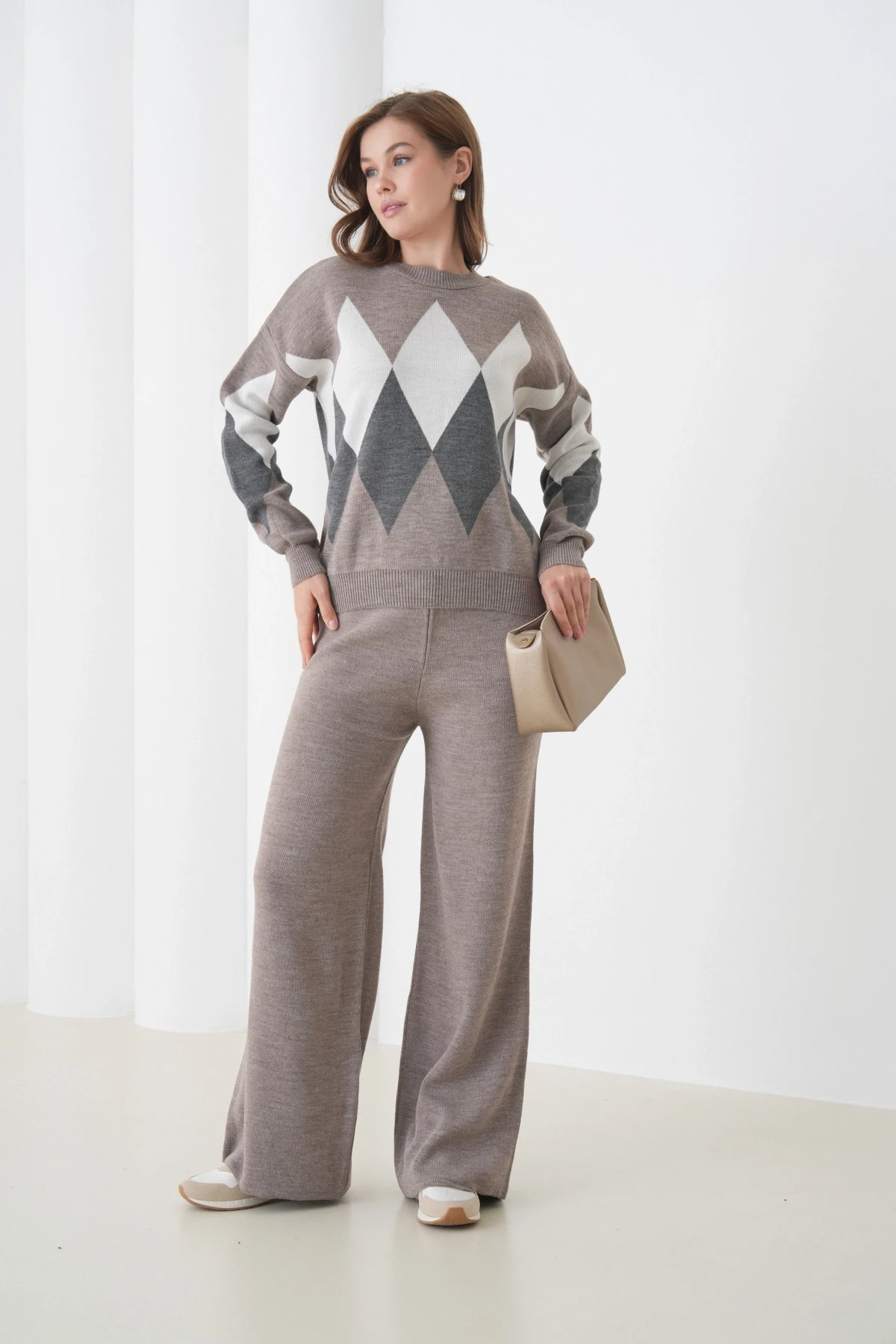 Kadın Vizon Bisiklet Yaka Baklava Desenli Kazak Pantolon Triko Alt-Üst Takım