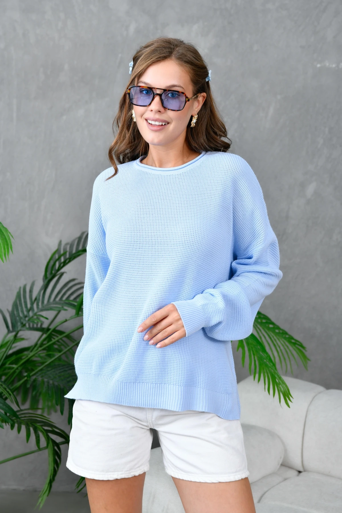 Bisiklet Yaka Arkası Uzun Yırtmaçlı Mevsimlik Triko Kazak