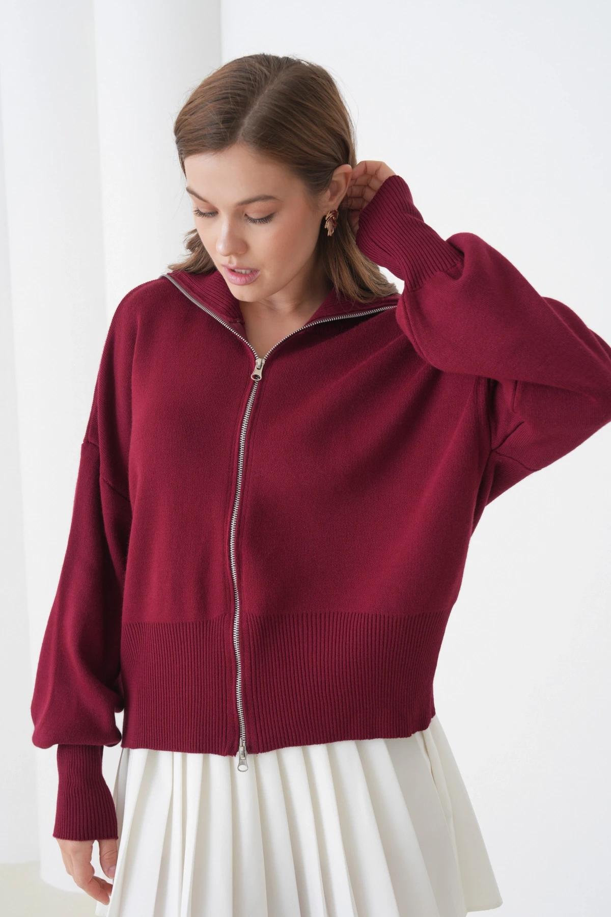 Kadın Balıkçı Yaka Fermuar Kapama Örgü Detay Triko Ceket