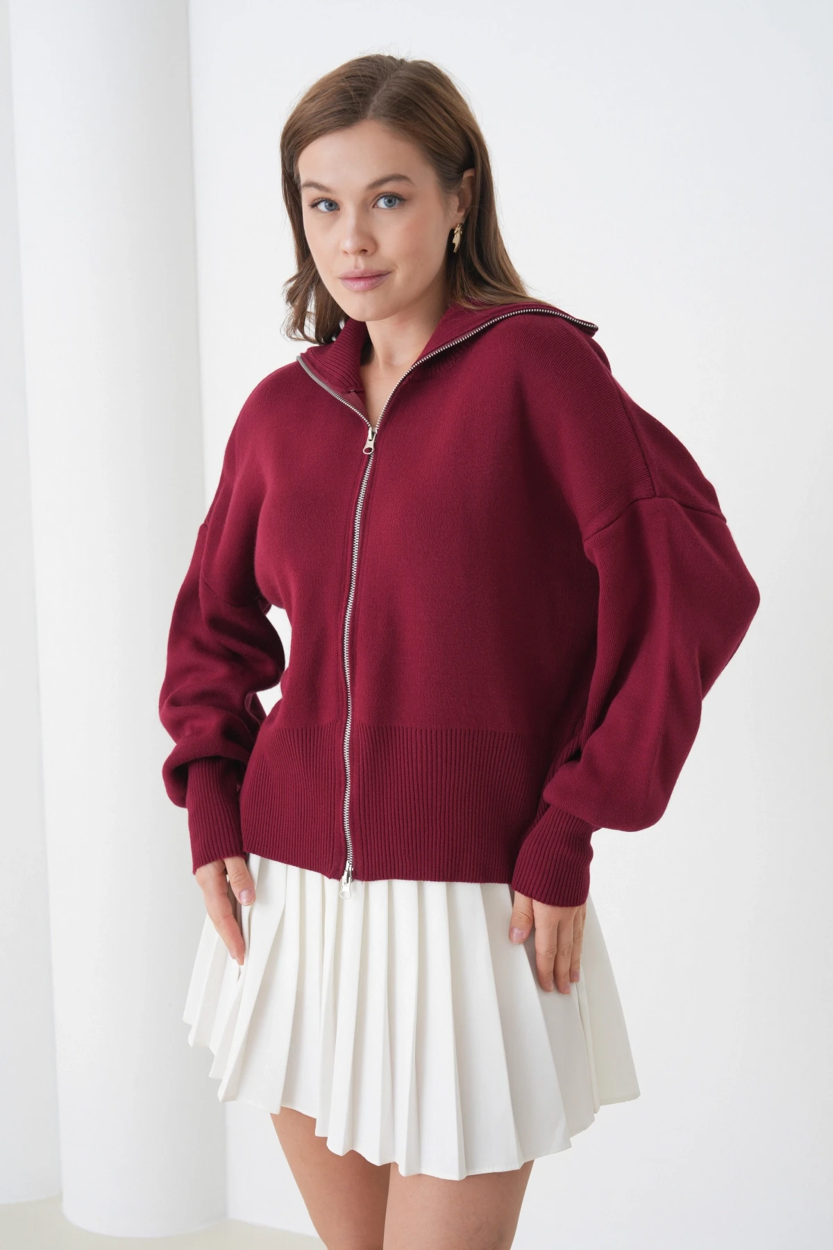 Kadın Balıkçı Yaka Fermuar Kapama Örgü Detay Triko Ceket