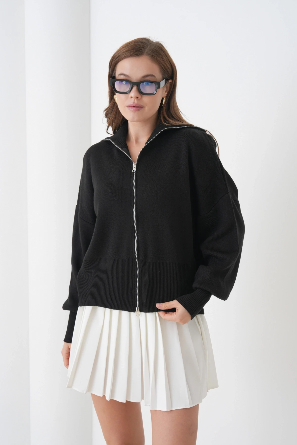 Kadın Balıkçı Yaka Fermuar Kapama Örgü Detay Triko Ceket