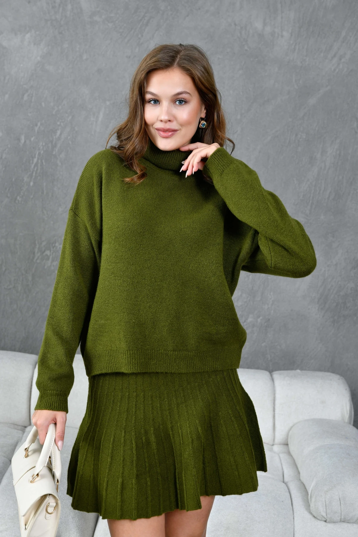 Kadın Balıkçı Yaka Örgü Detay Kazak Etek İkili Triko Takım