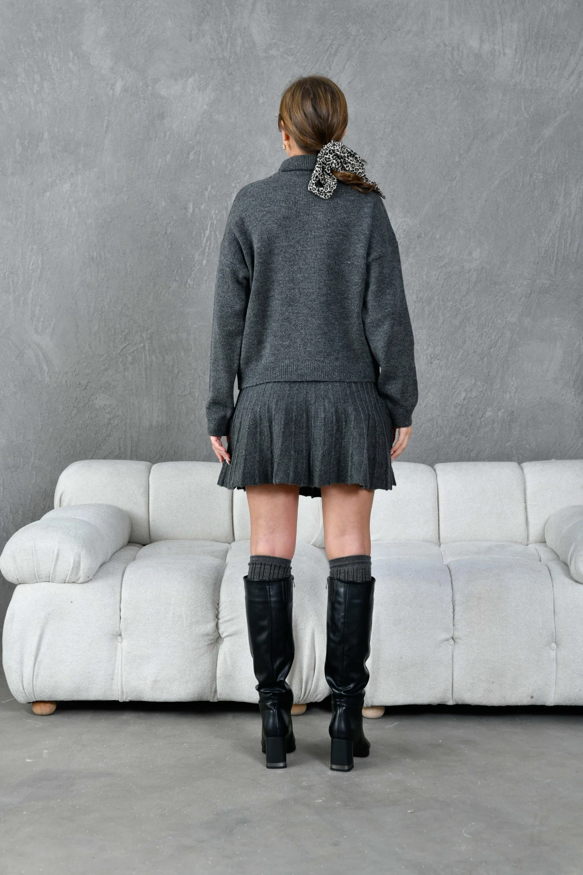 Kadın Balıkçı Yaka Örgü Detay Kazak Etek İkili Triko Takım