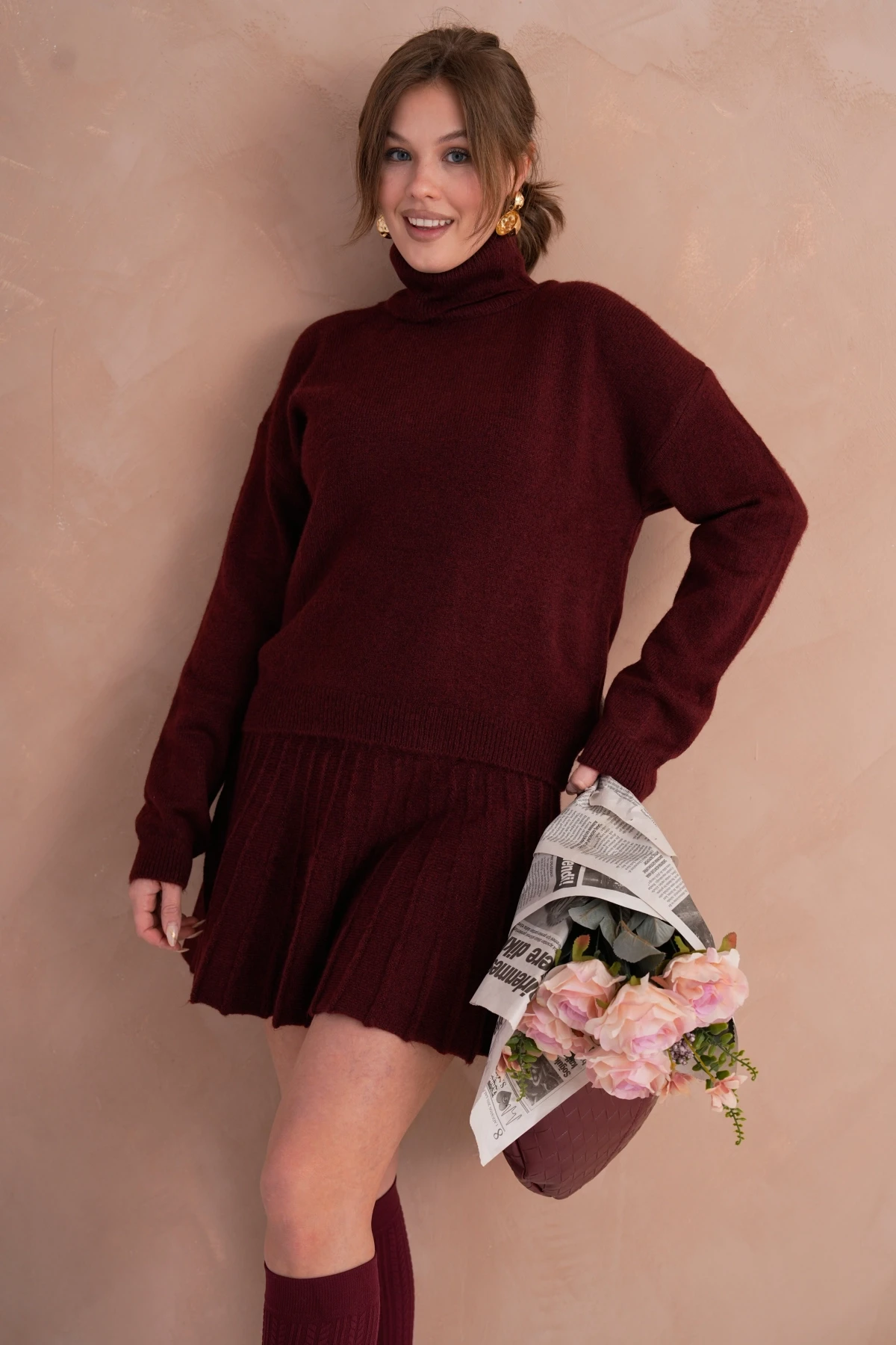 Kadın Balıkçı Yaka Örgü Detay Kazak Etek İkili Triko Takım