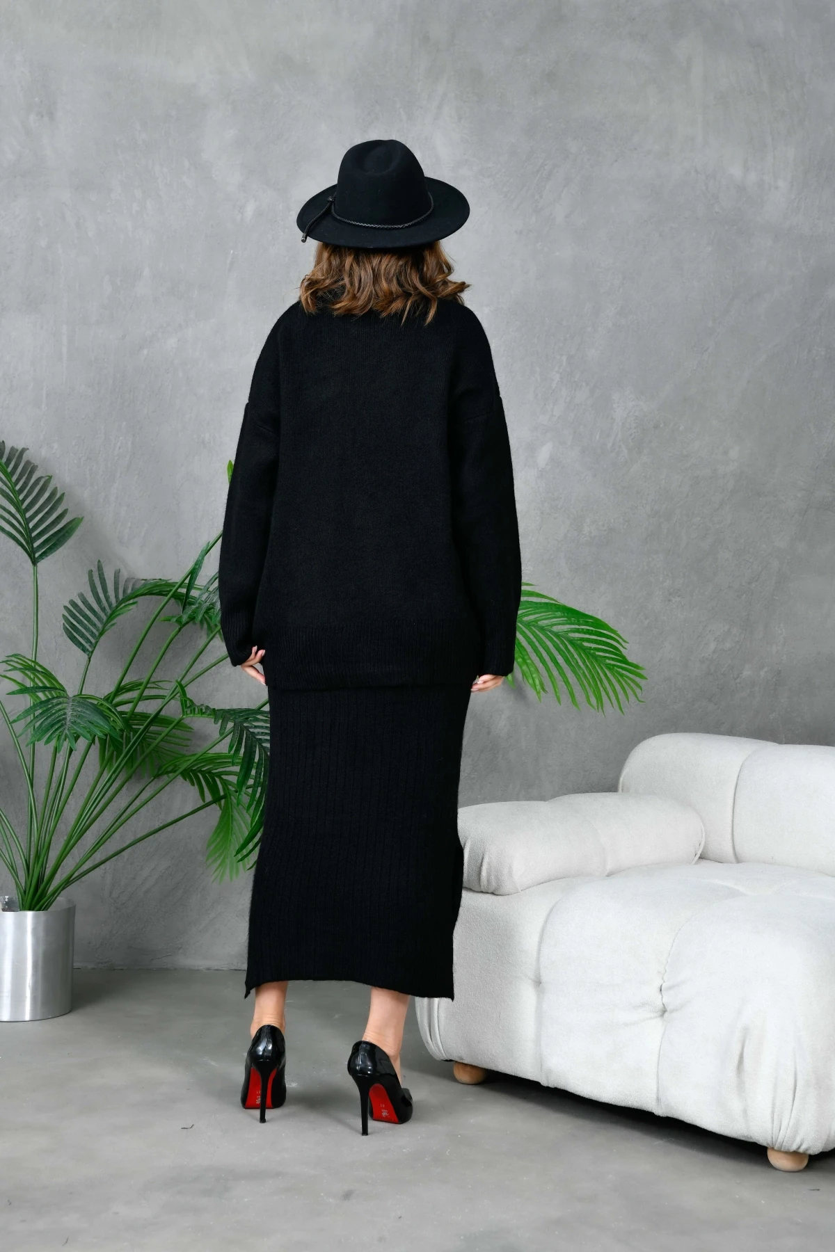 Kadın Balıkçı Yaka Oversize Kazak Uzun Etek İkili Triko Takım