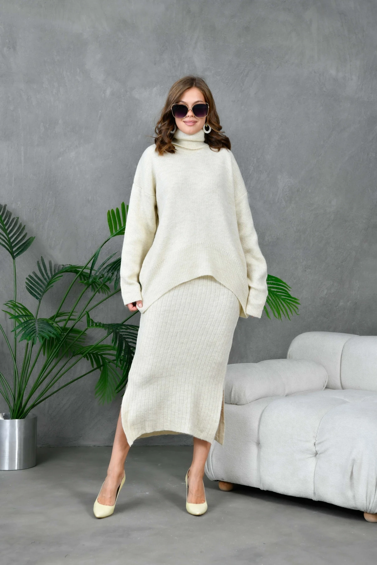 Kadın Balıkçı Yaka Oversize Kazak Uzun Etek İkili Triko Takım