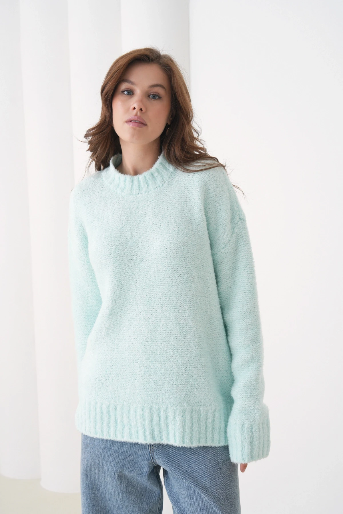 Kadın Bisiklet Bürümcük Yaka Yumuşak Dokulu Oversize Triko Kazak