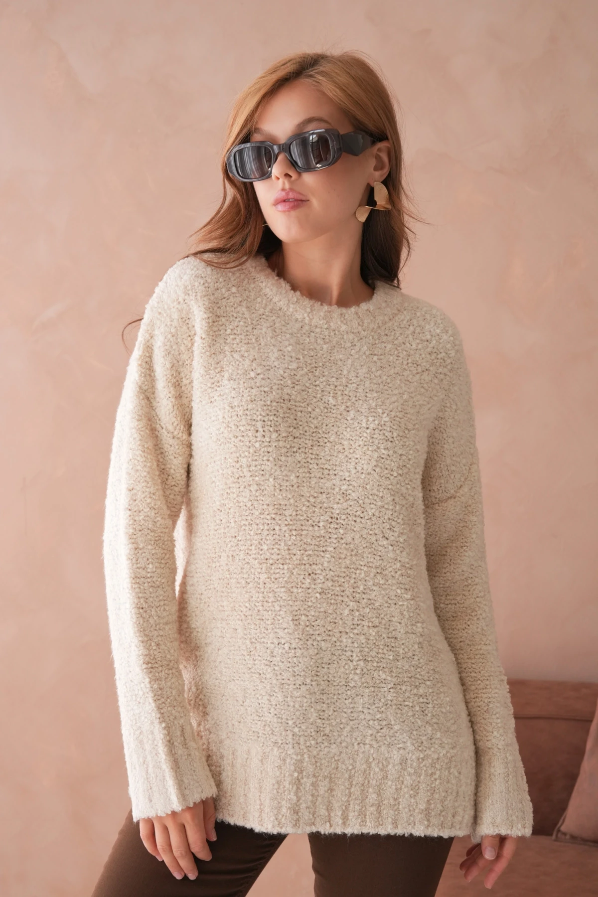 Kadın Bisiklet Bürümcük Yaka Yumuşak Dokulu Oversize Triko Kazak