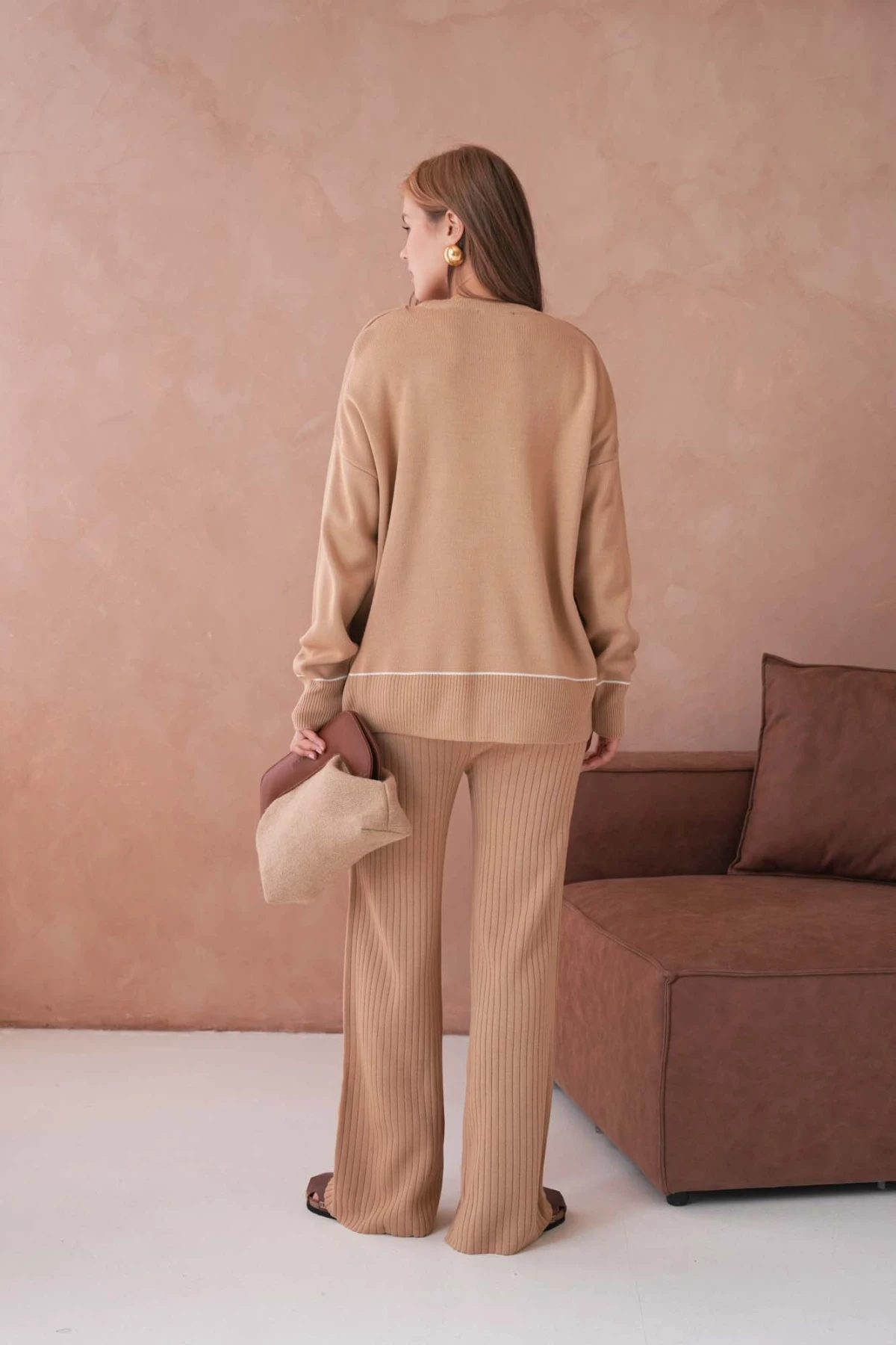 Kadın Bisiklet Yak Adüşük Kol Kazak Fitilli Pantolon İkili Triko Takım