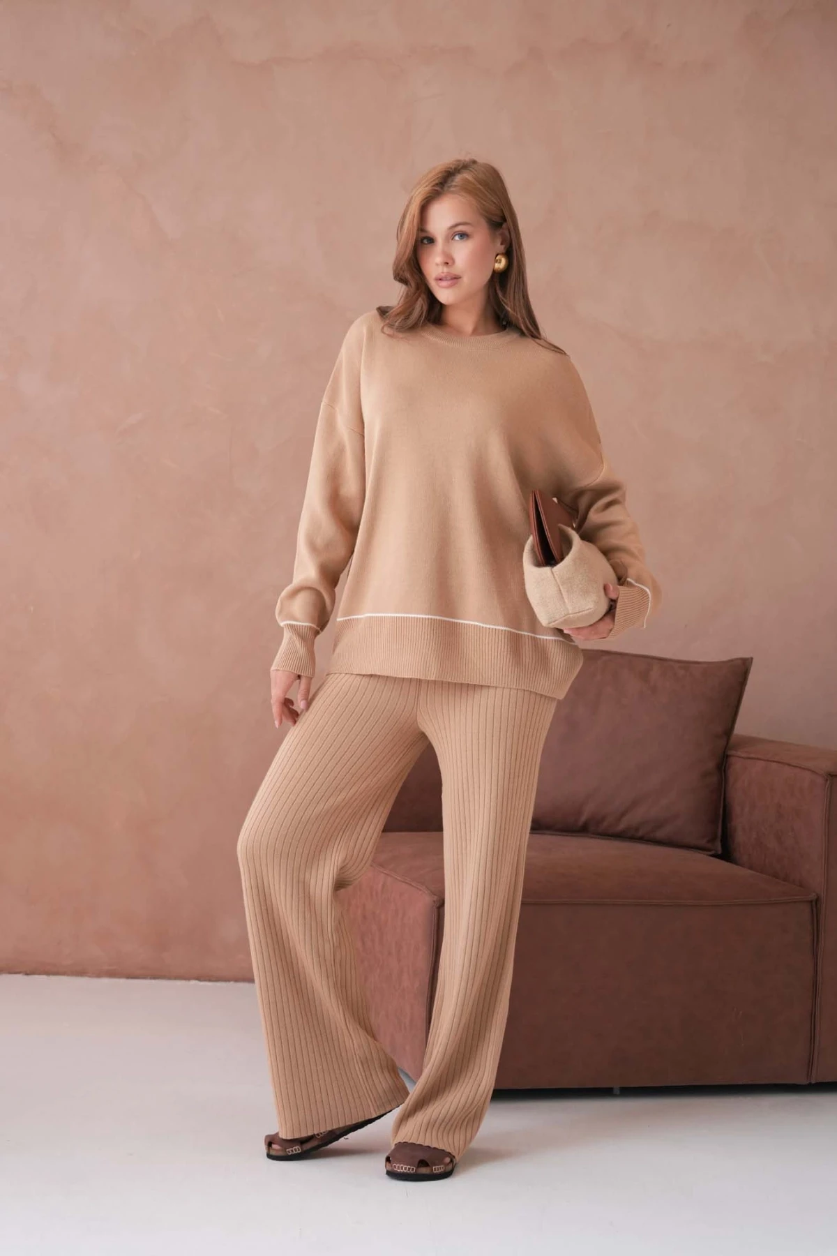 Kadın Bisiklet Yak Adüşük Kol Kazak Fitilli Pantolon İkili Triko Takım