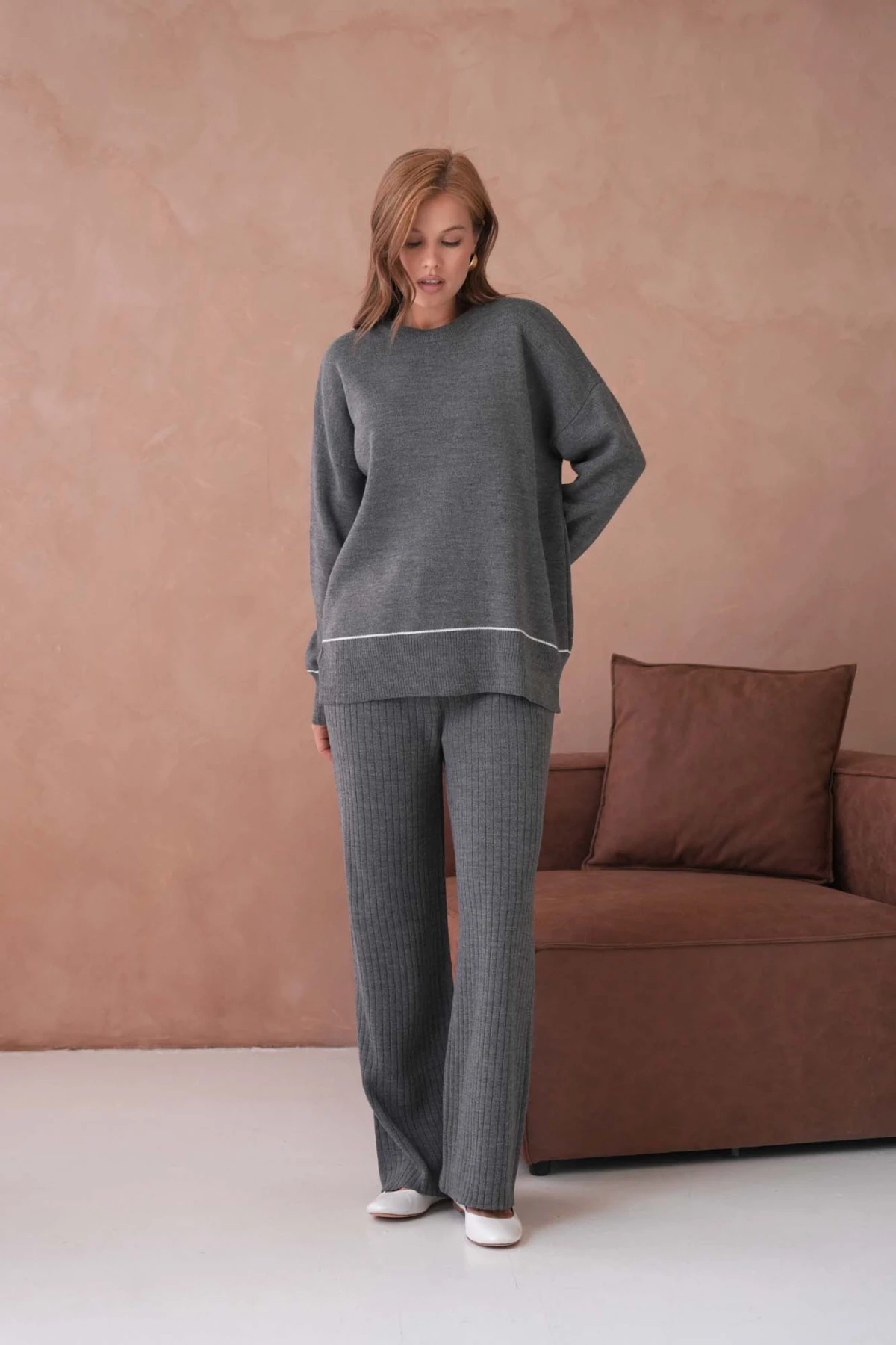 Kadın Bisiklet Yak Adüşük Kol Kazak Fitilli Pantolon İkili Triko Takım