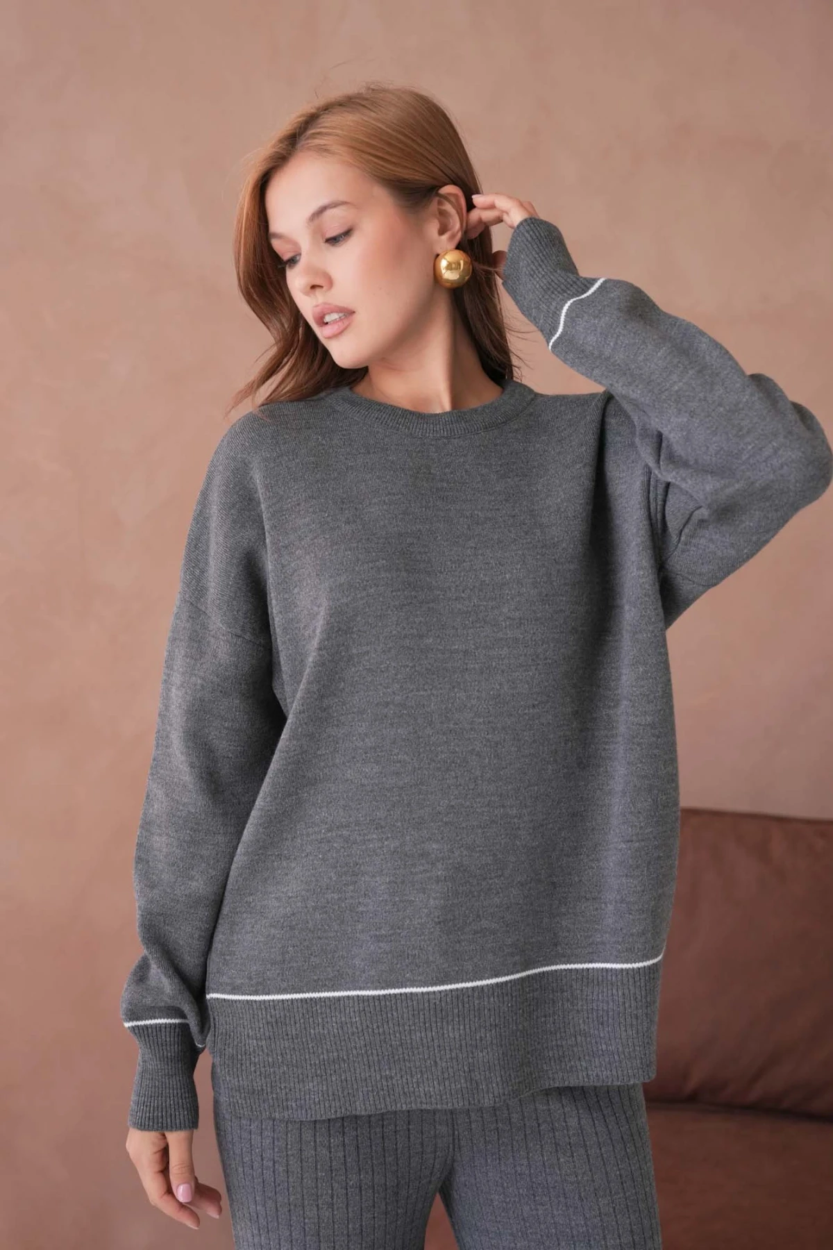 Kadın Bisiklet Yak Adüşük Kol Kazak Fitilli Pantolon İkili Triko Takım