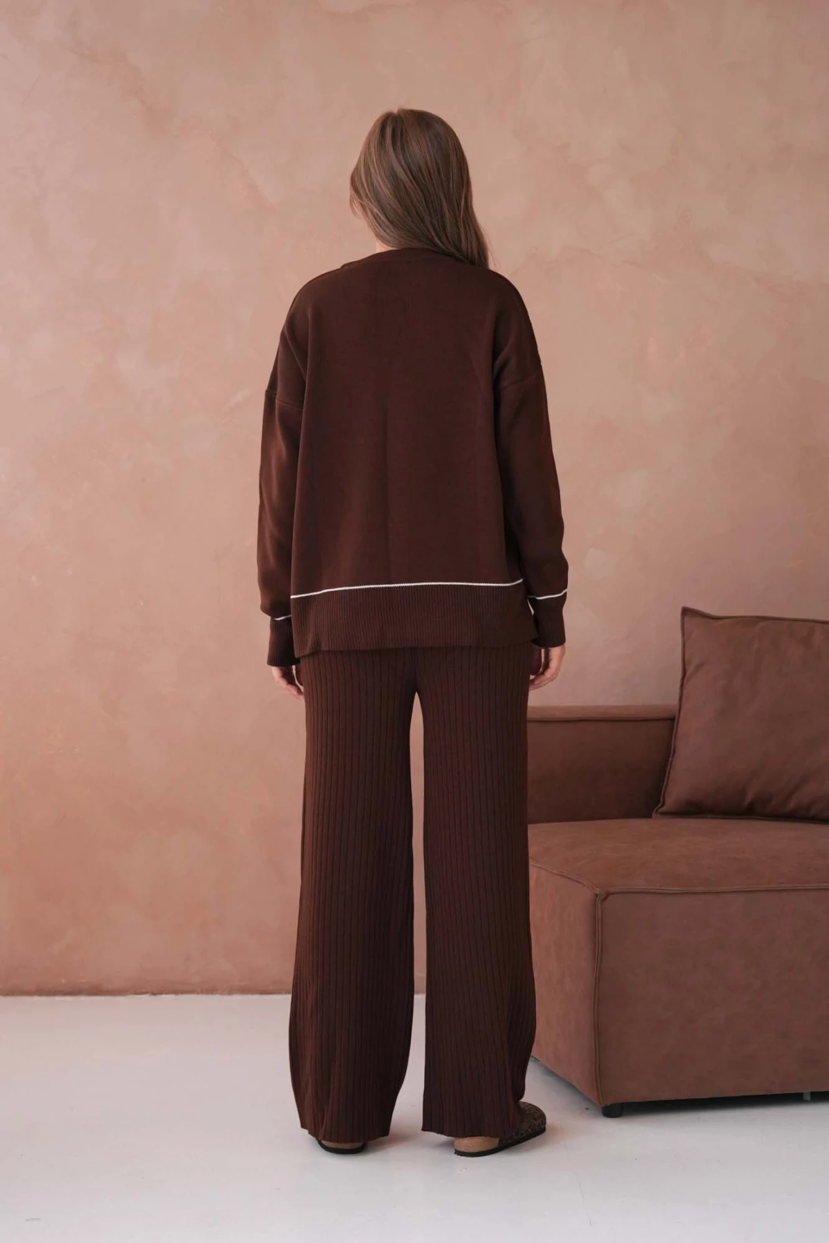 Kadın Bisiklet Yak Adüşük Kol Kazak Fitilli Pantolon İkili Triko Takım