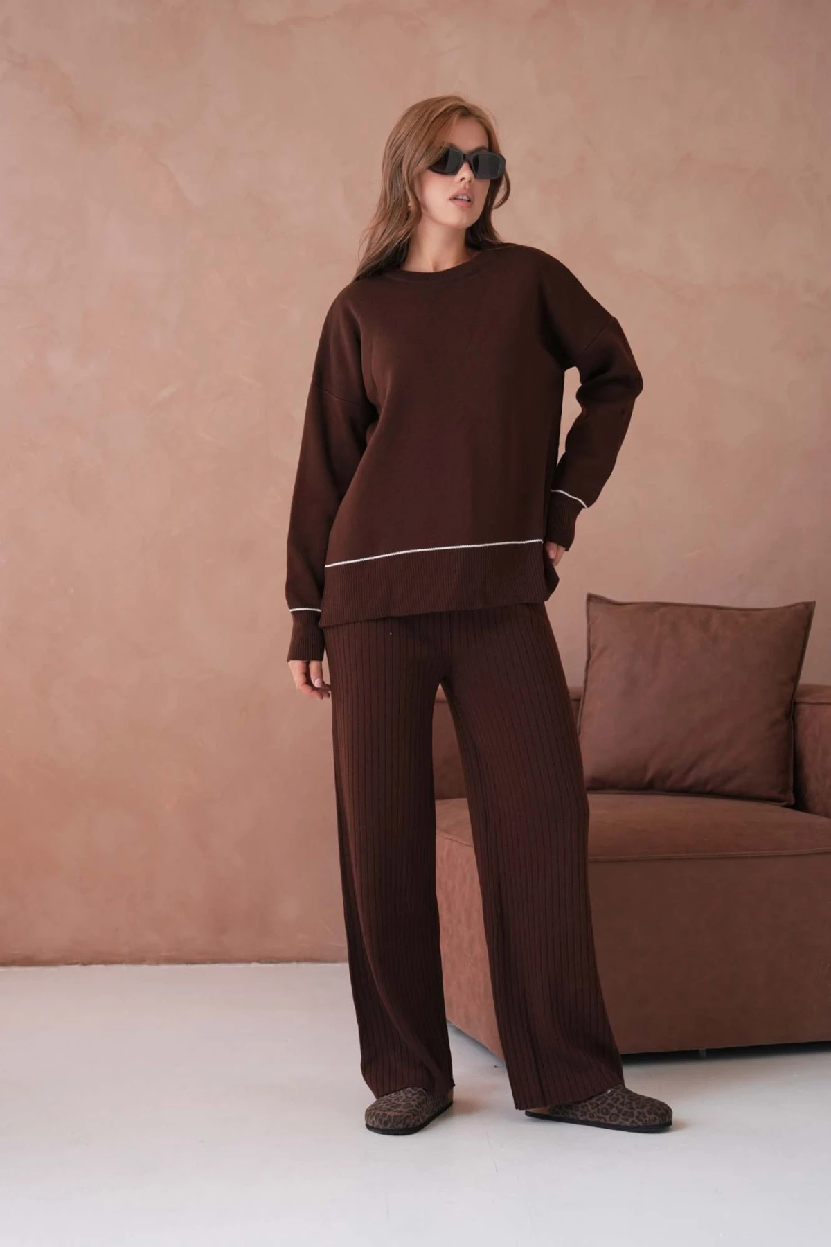 Kadın Bisiklet Yak Adüşük Kol Kazak Fitilli Pantolon İkili Triko Takım