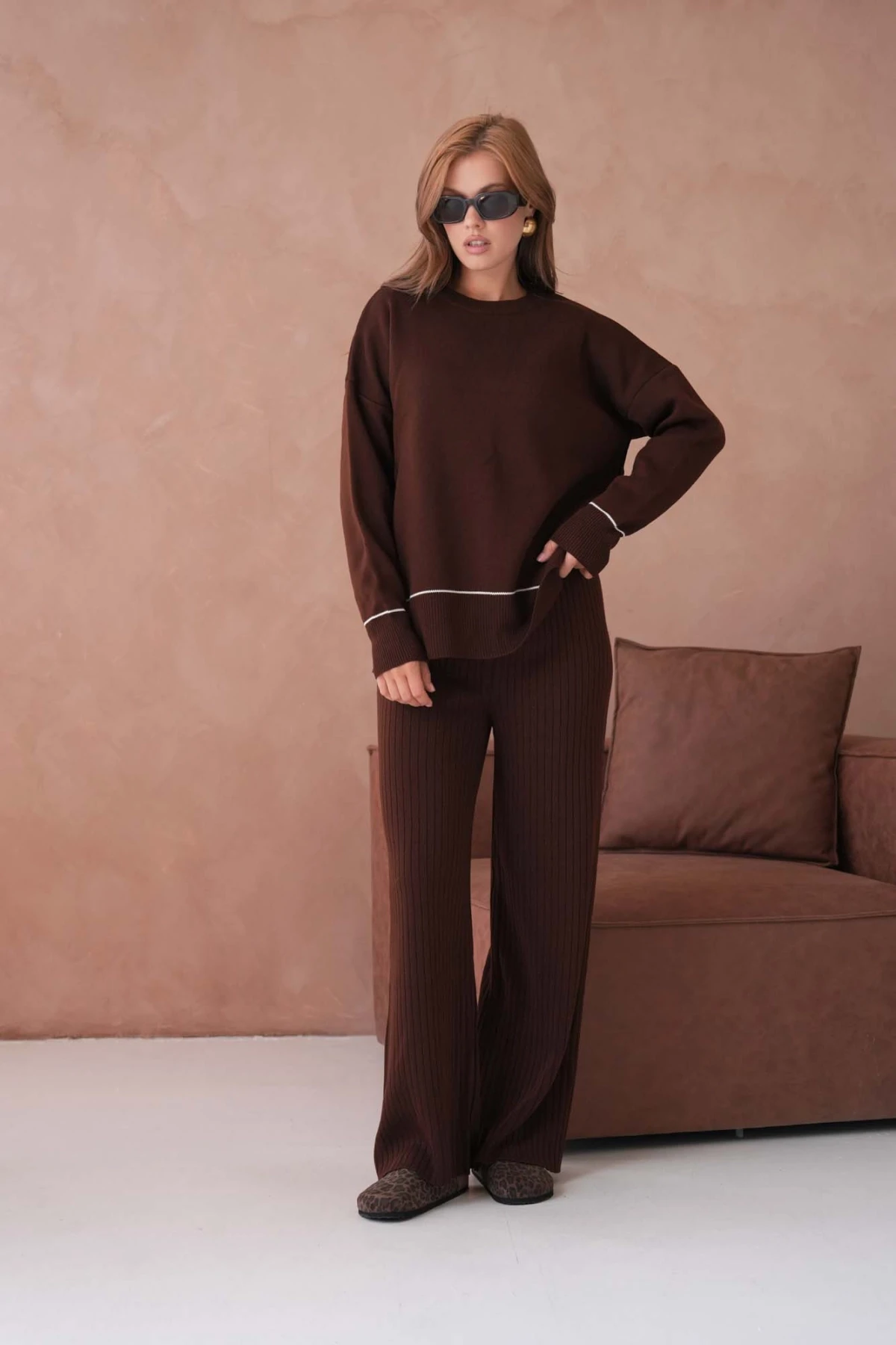 Kadın Bisiklet Yak Adüşük Kol Kazak Fitilli Pantolon İkili Triko Takım