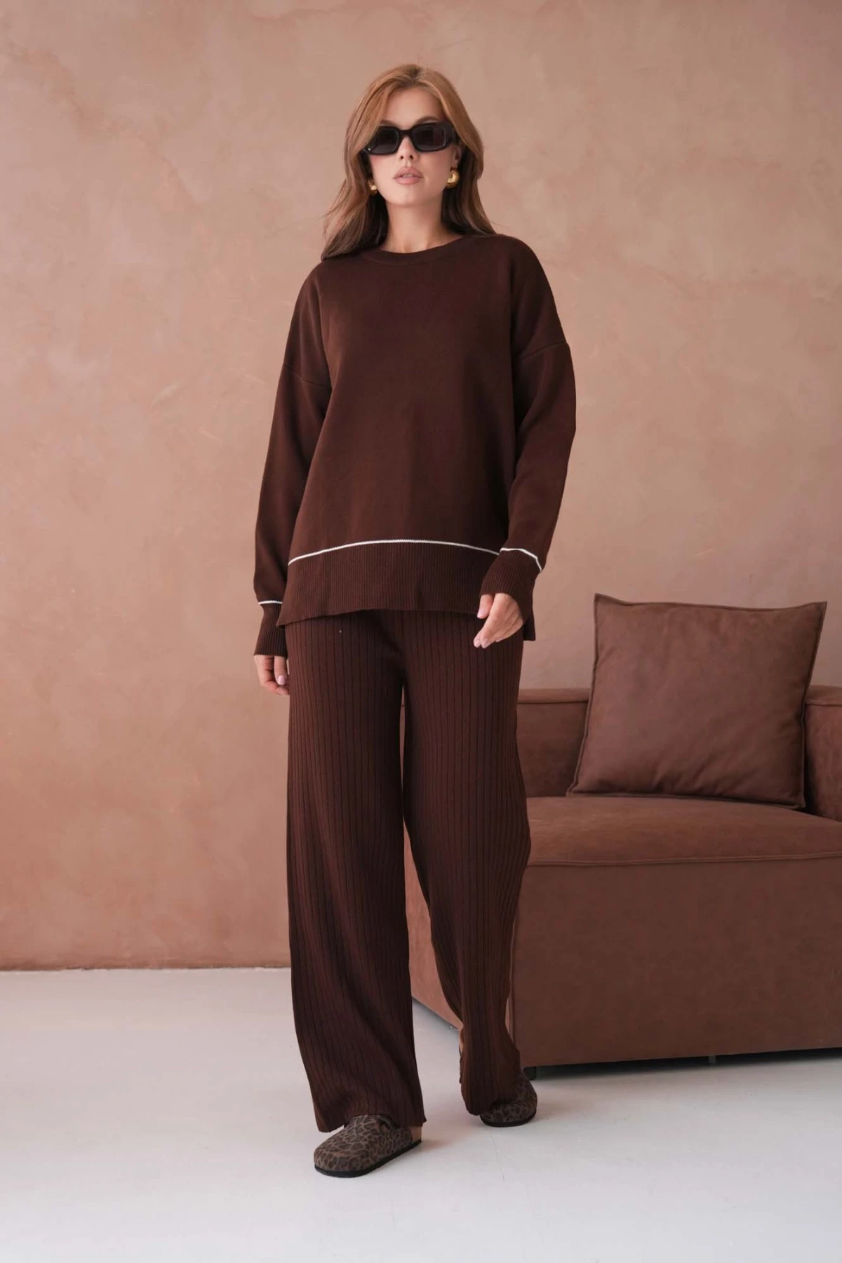 Kadın Bisiklet Yak Adüşük Kol Kazak Fitilli Pantolon İkili Triko Takım