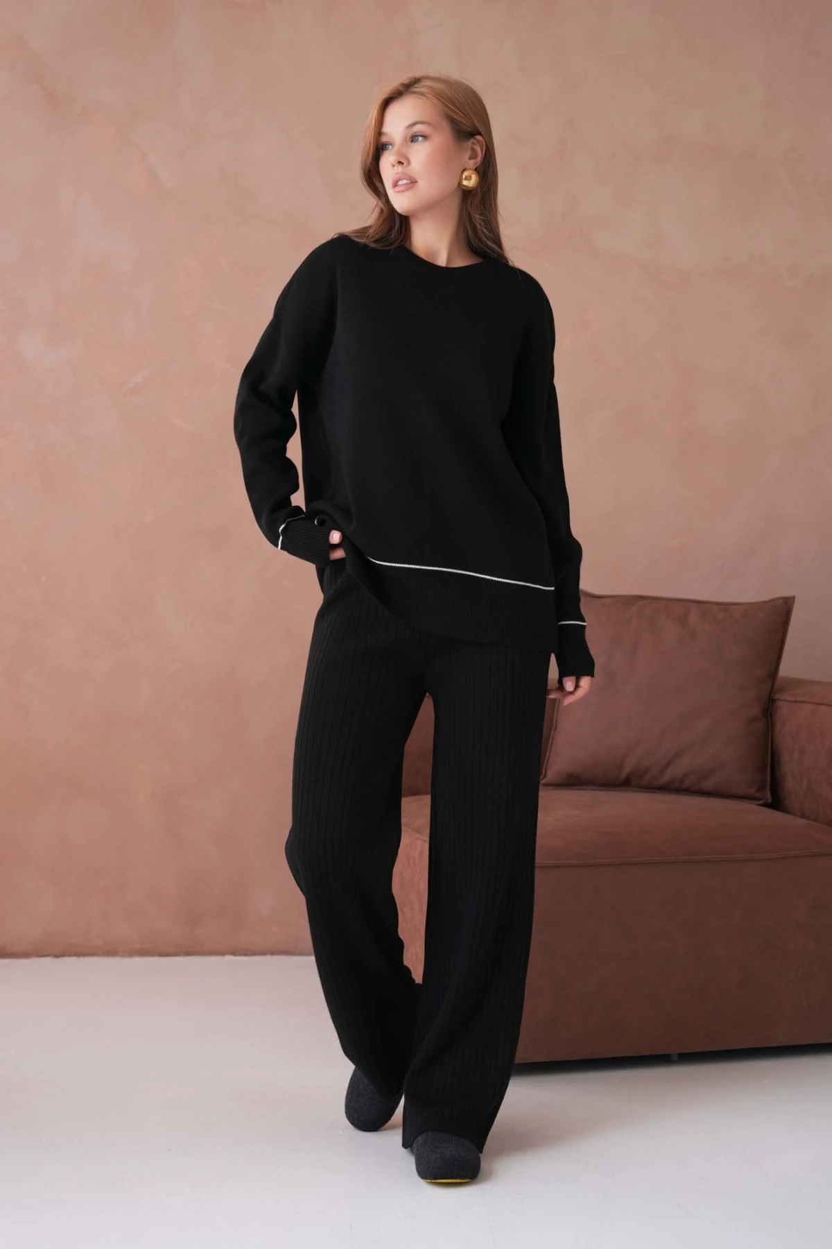 Kadın Bisiklet Yak Adüşük Kol Kazak Fitilli Pantolon İkili Triko Takım