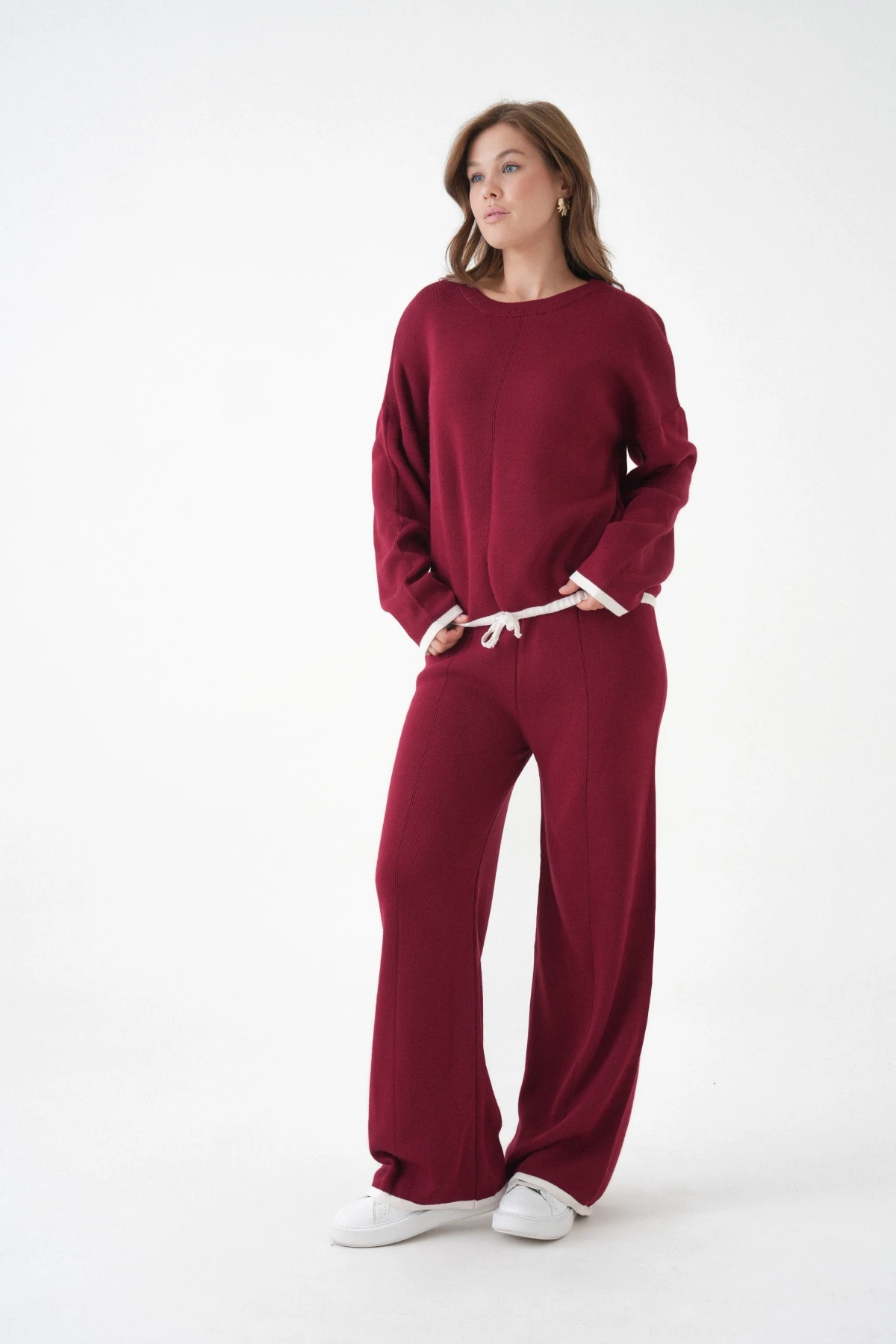 Kadın Bisiklet Yaka Bağcıklı Kazak Pantolon Alt-Üst Triko Takım