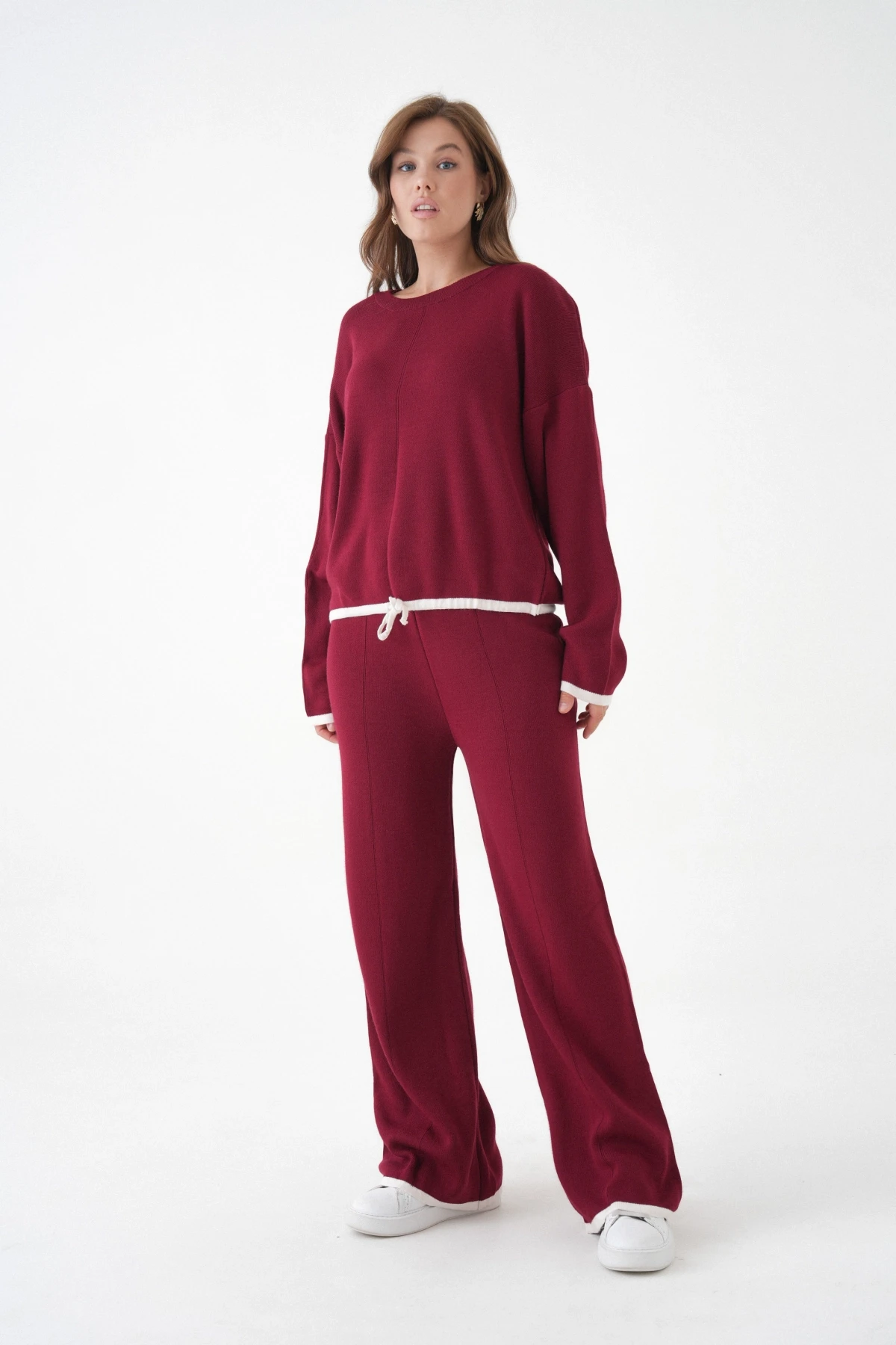 Kadın Bisiklet Yaka Bağcıklı Kazak Pantolon Alt-Üst Triko Takım