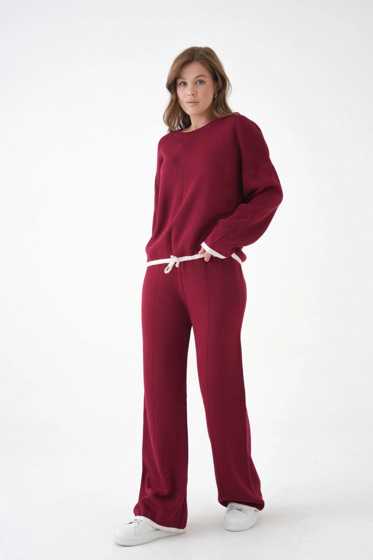 Kadın Bisiklet Yaka Bağcıklı Kazak Pantolon Alt-Üst Triko Takım