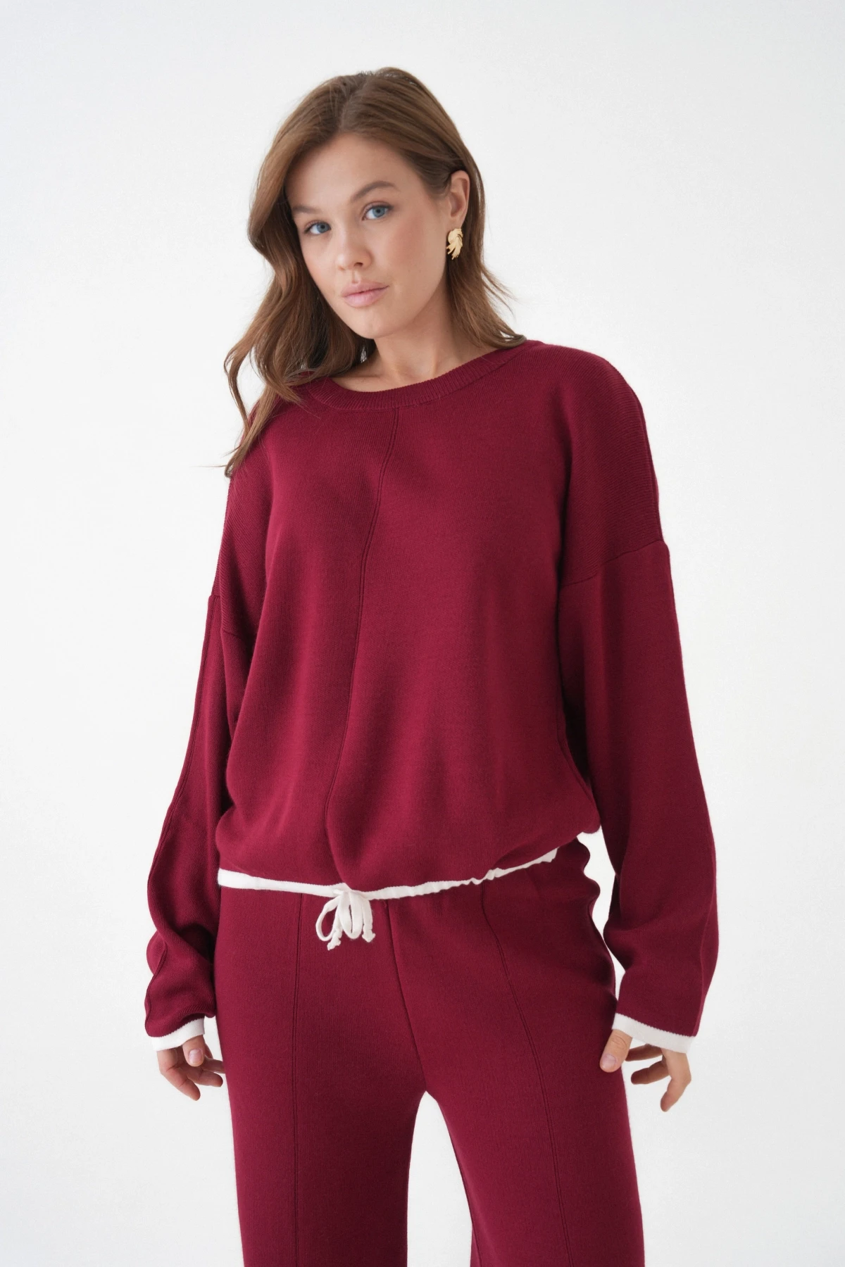 Kadın Bisiklet Yaka Bağcıklı Kazak Pantolon Alt-Üst Triko Takım