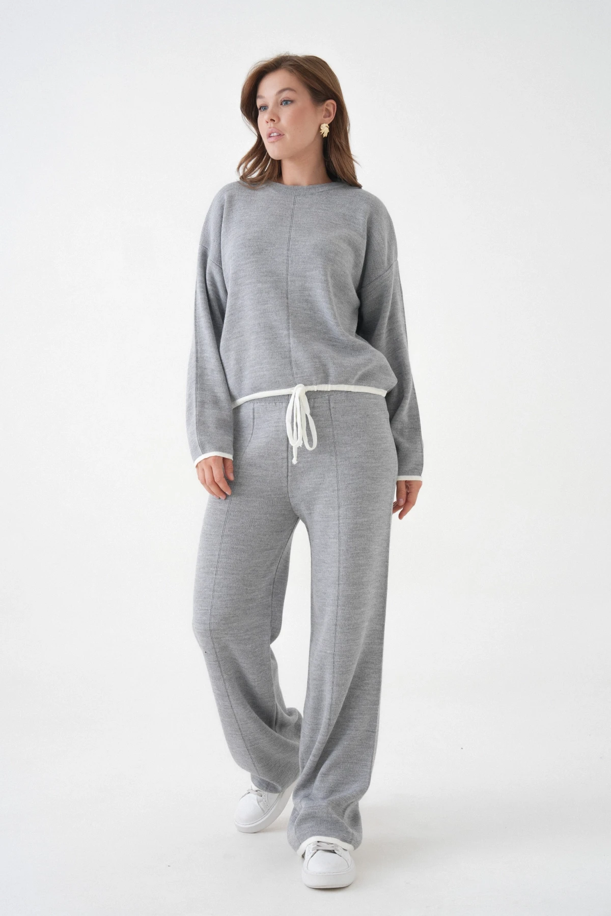 Kadın Bisiklet Yaka Bağcıklı Kazak Pantolon Alt-Üst Triko Takım