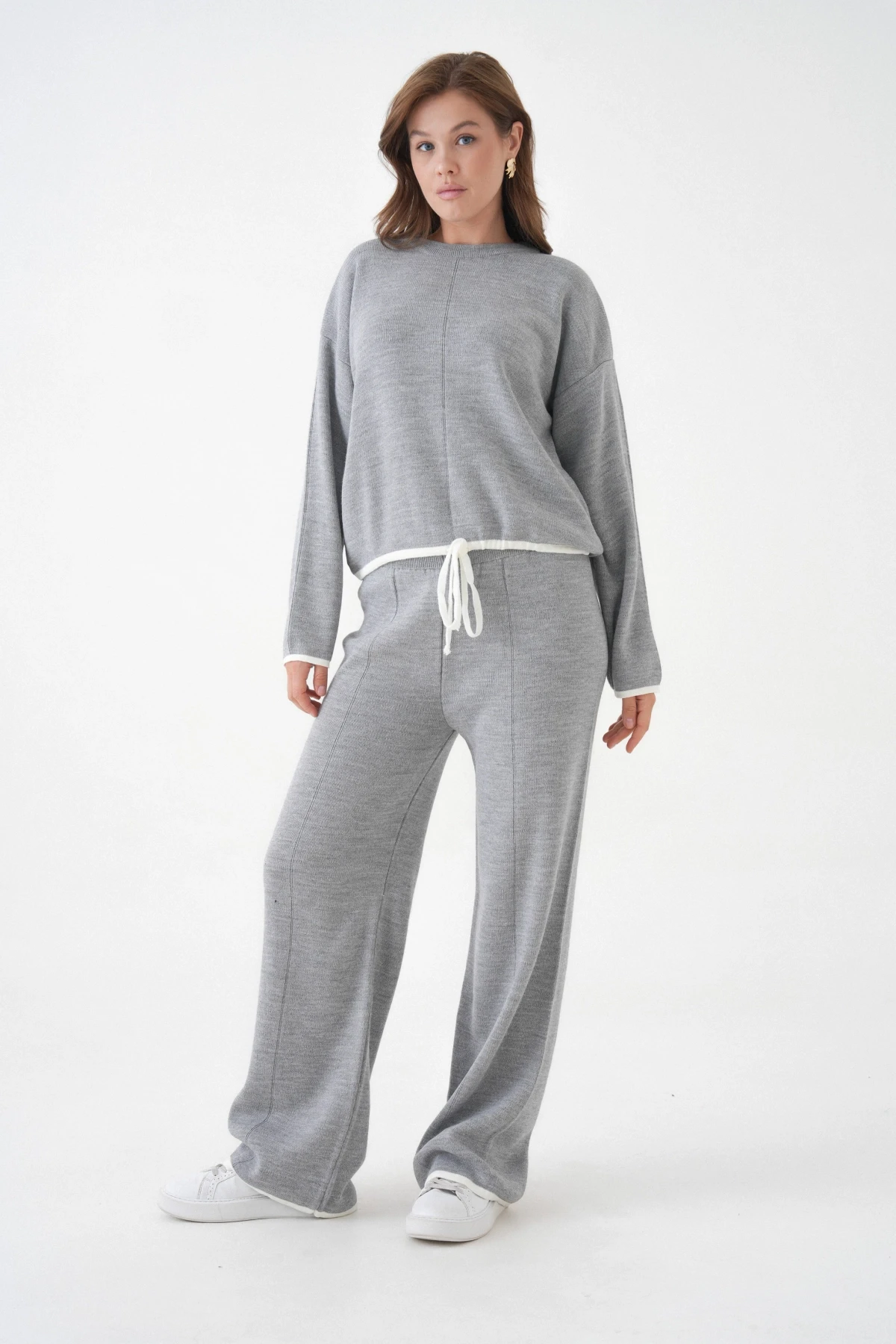 Kadın Bisiklet Yaka Bağcıklı Kazak Pantolon Alt-Üst Triko Takım