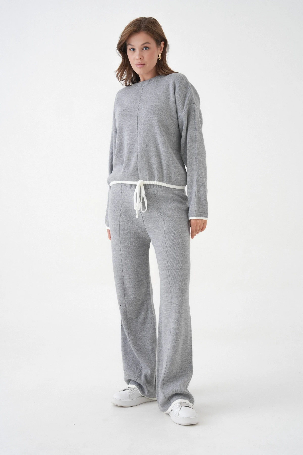 Kadın Bisiklet Yaka Bağcıklı Kazak Pantolon Alt-Üst Triko Takım