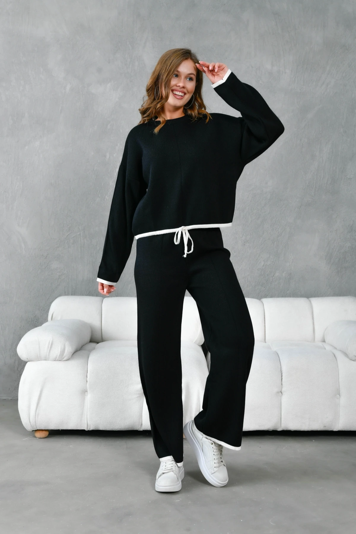 Kadın Bisiklet Yaka Bağcıklı Kazak Pantolon Alt-Üst Triko Takım