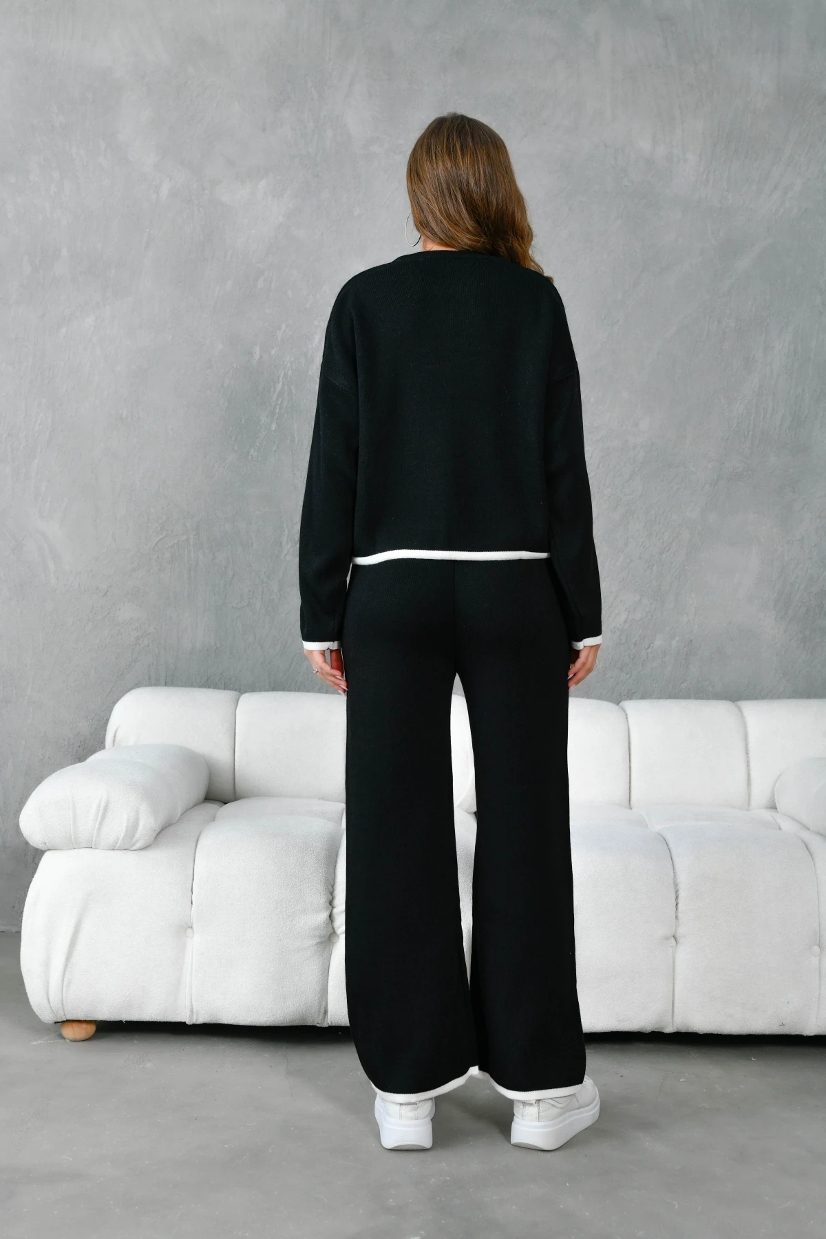 Kadın Bisiklet Yaka Bağcıklı Kazak Pantolon Alt-Üst Triko Takım