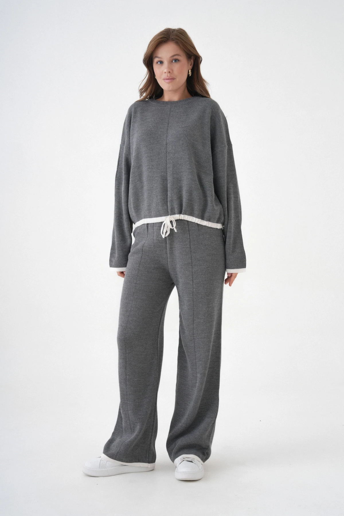 Kadın Bisiklet Yaka Bağcıklı Kazak Pantolon Alt-Üst Triko Takım