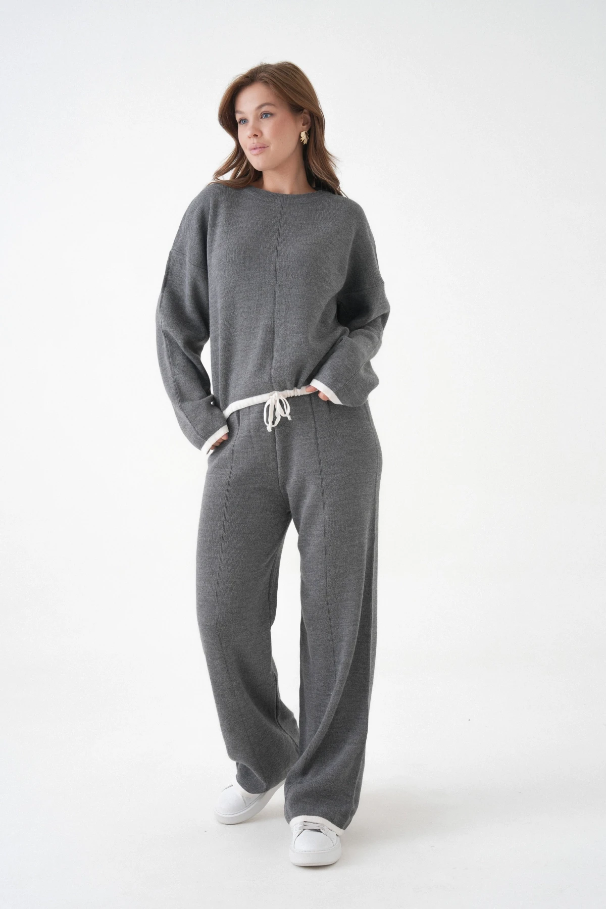 Kadın Bisiklet Yaka Bağcıklı Kazak Pantolon Alt-Üst Triko Takım