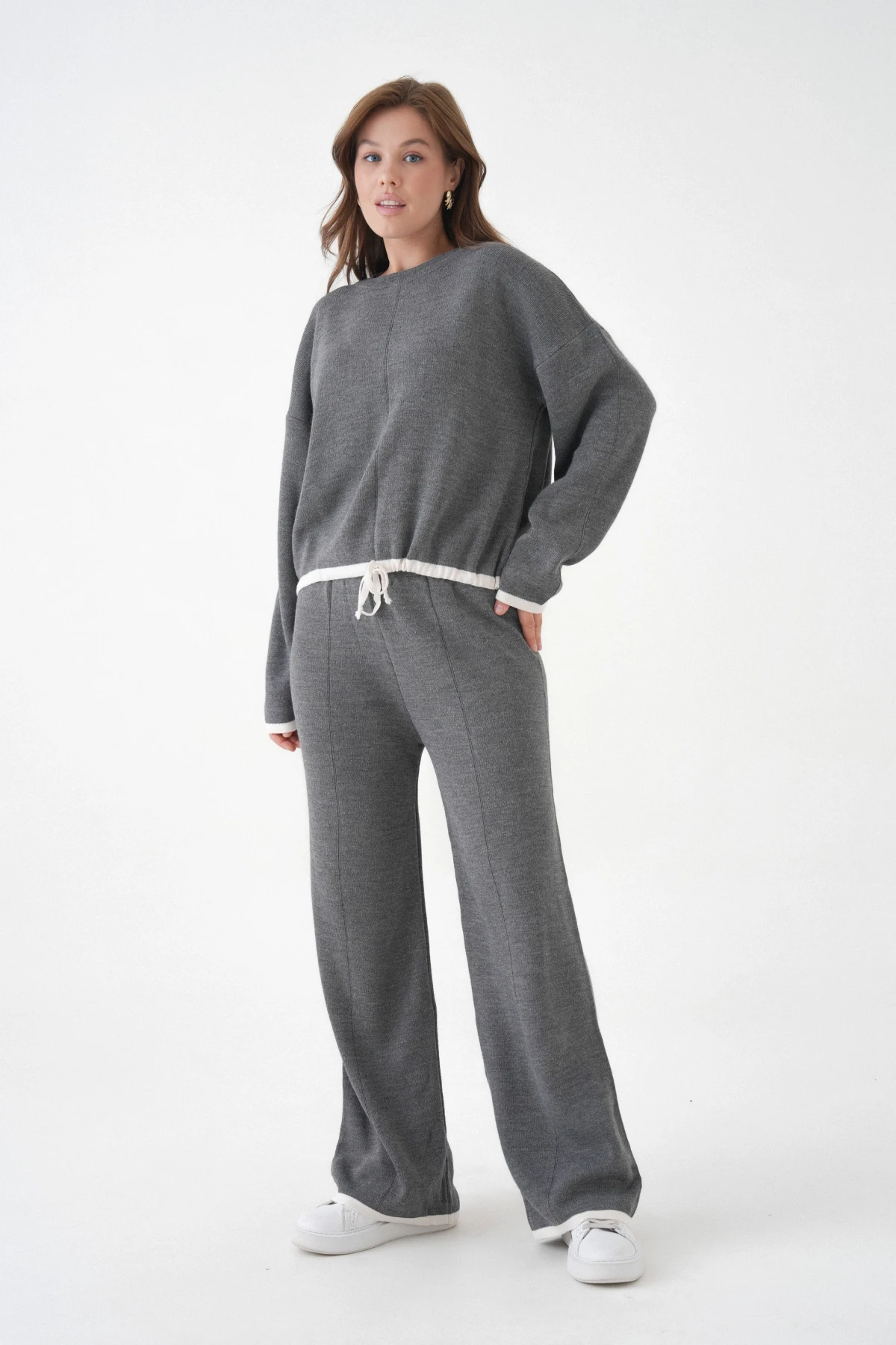 Kadın Bisiklet Yaka Bağcıklı Kazak Pantolon Alt-Üst Triko Takım