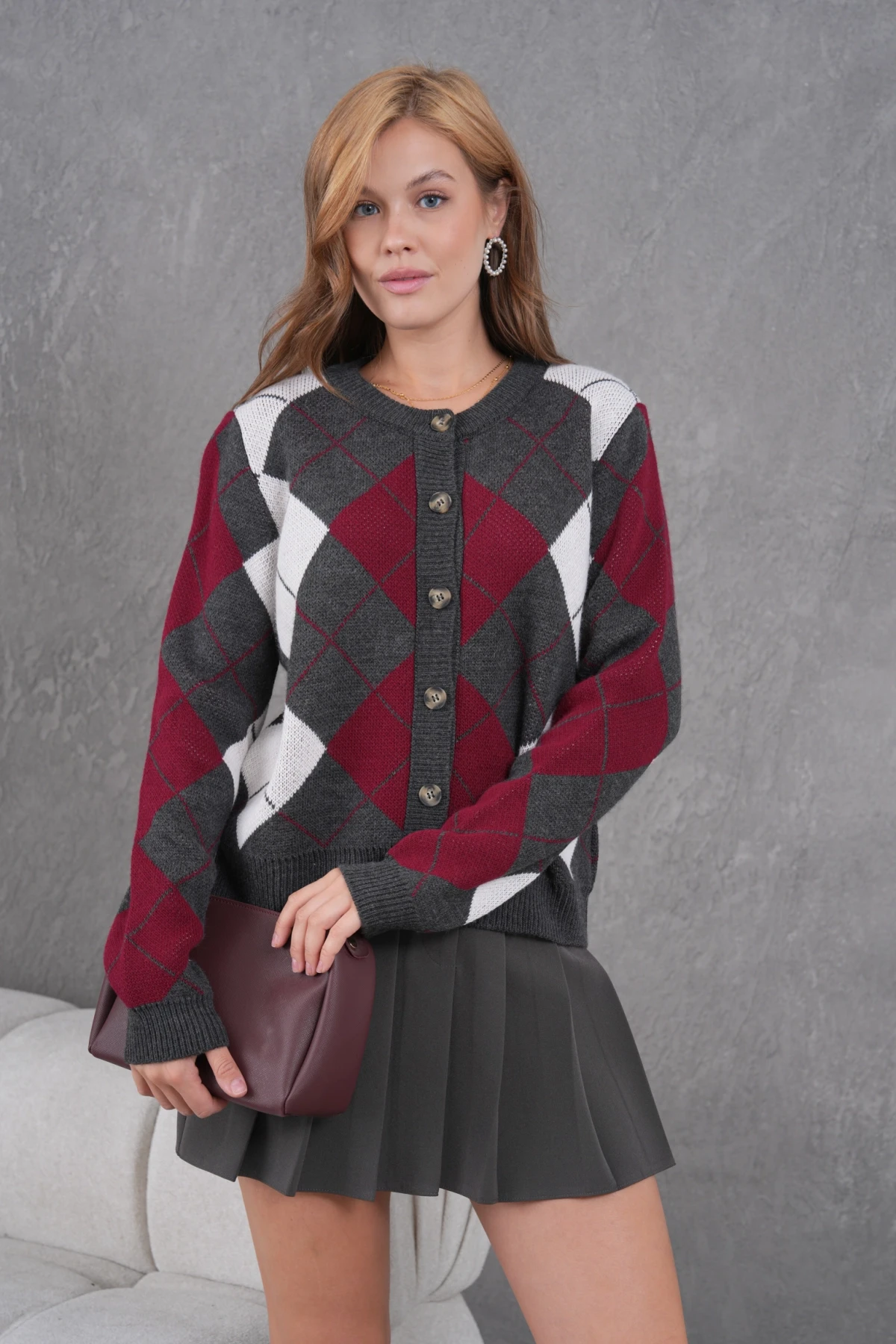 Kadın Bisiklet Yaka Baklava Desenli Düğme Kapama Triko Hırka Ceket 8581Sw