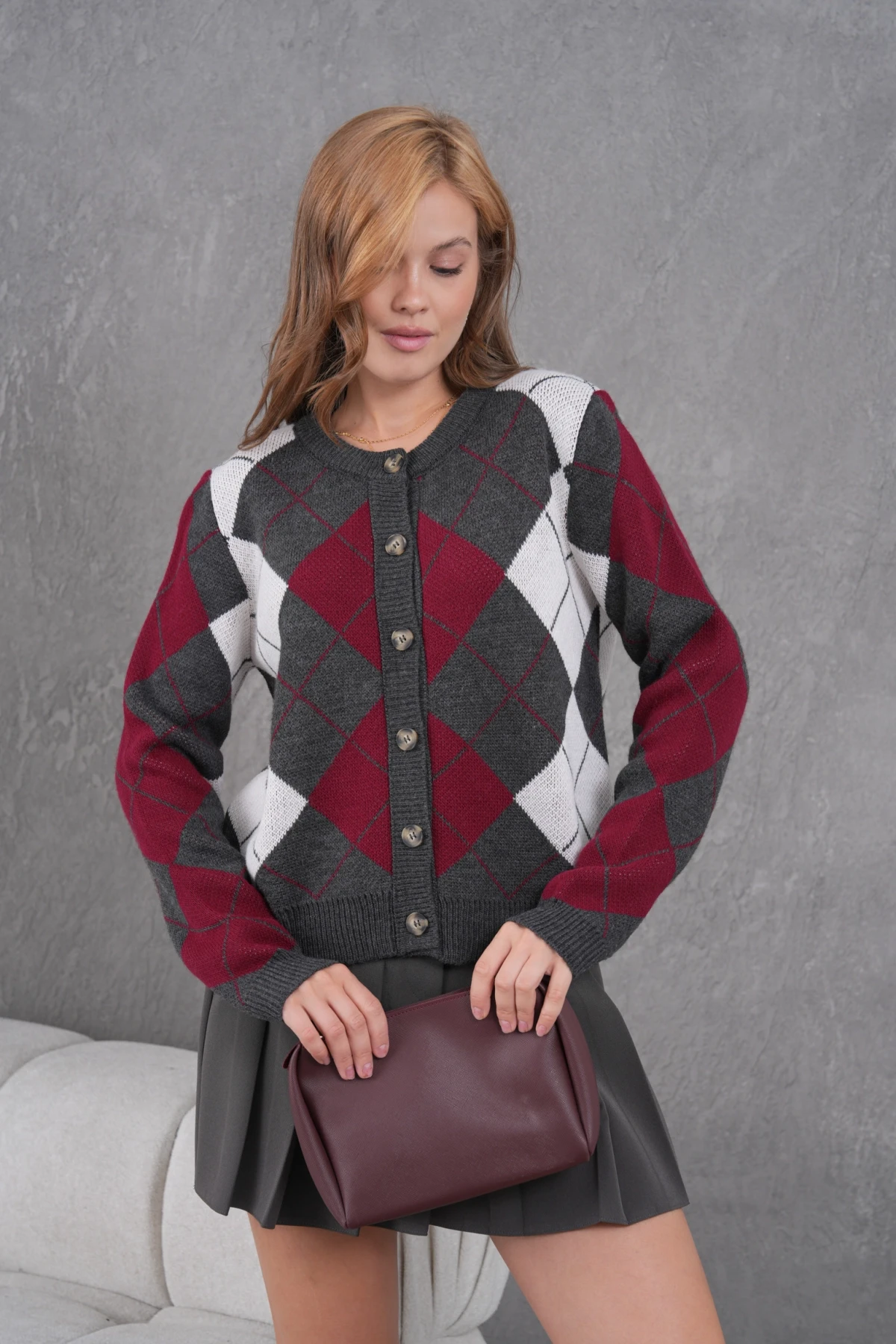 Kadın Bisiklet Yaka Baklava Desenli Düğme Kapama Triko Hırka Ceket 8581Sw