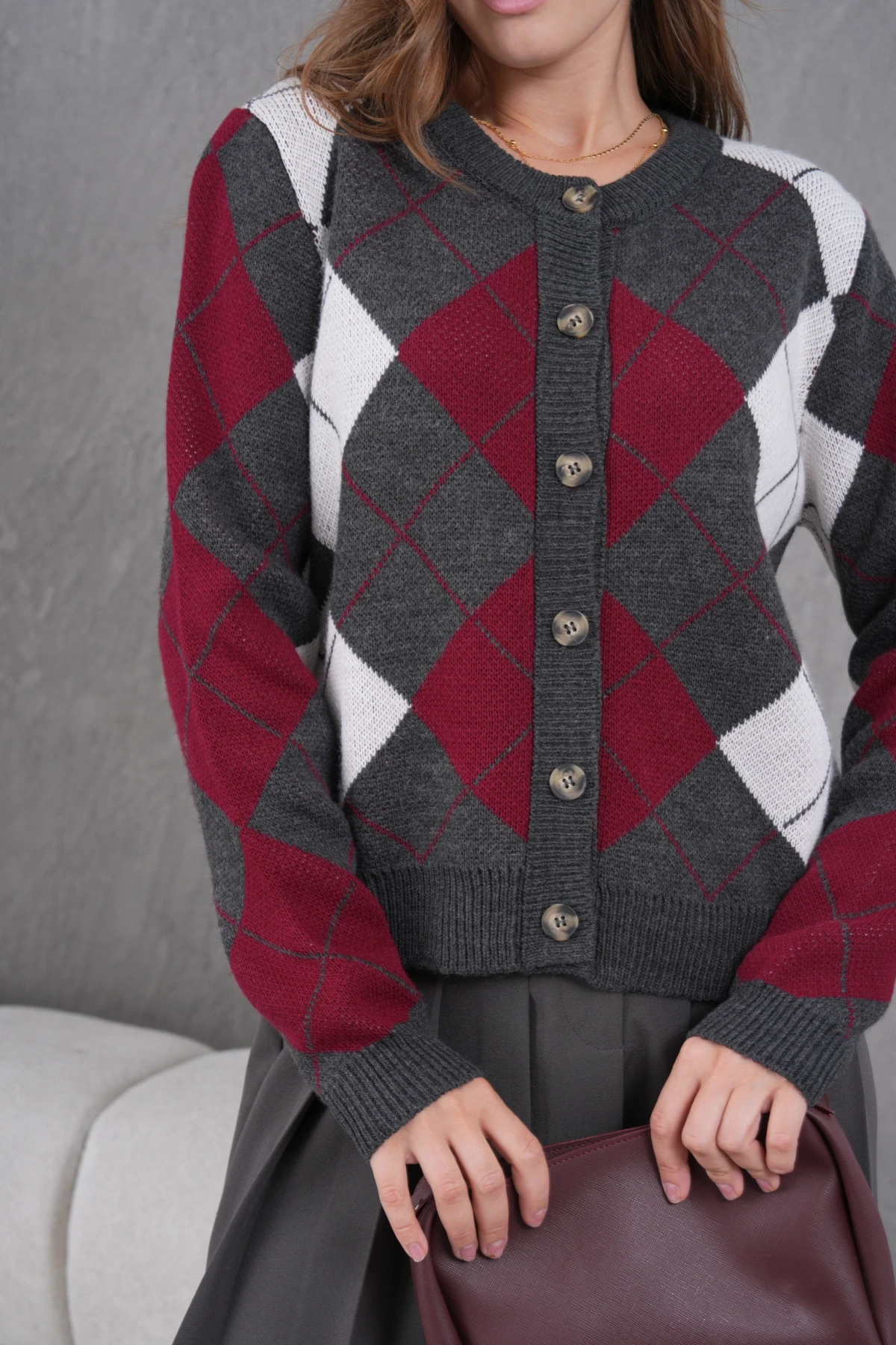 Kadın Bisiklet Yaka Baklava Desenli Düğme Kapama Triko Hırka Ceket 8581Sw