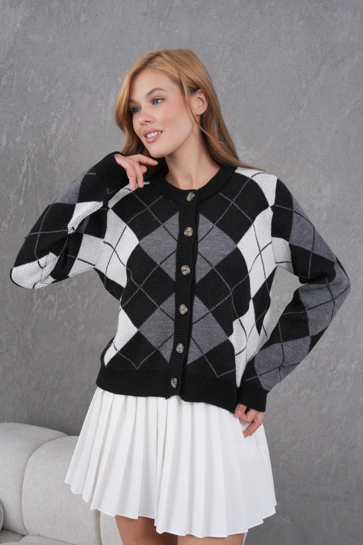 Kadın Bisiklet Yaka Baklava Desenli Düğme Kapama Triko Hırka Ceket 8581Sw