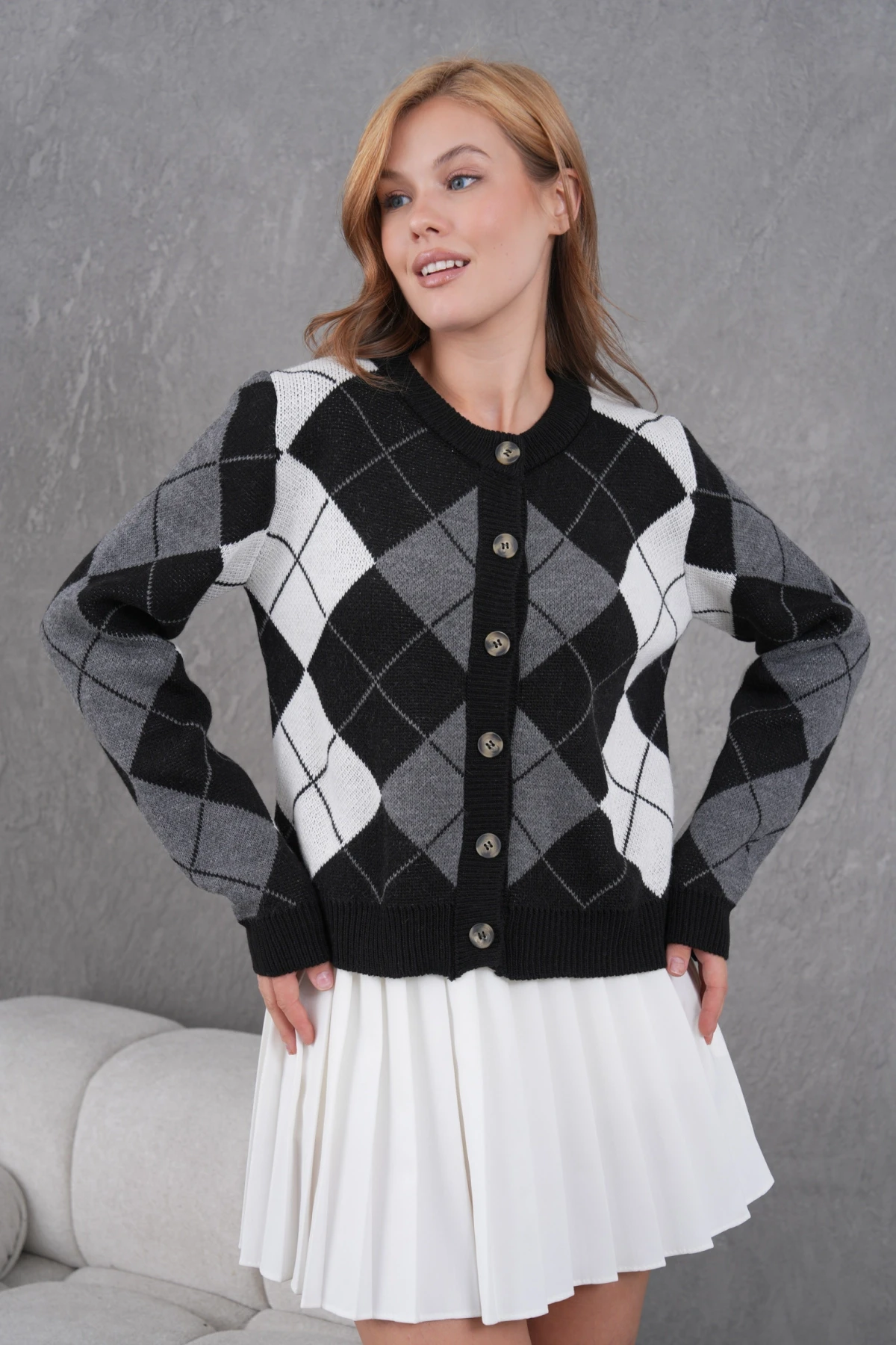 Kadın Bisiklet Yaka Baklava Desenli Düğme Kapama Triko Hırka Ceket 8581Sw