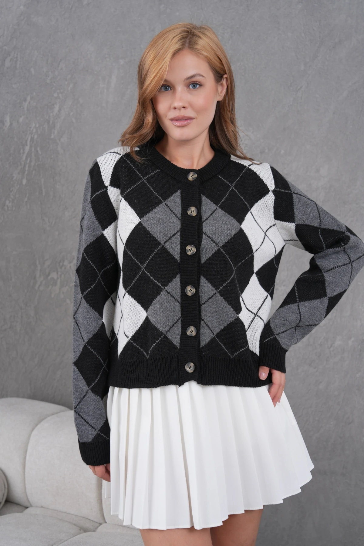 Kadın Bisiklet Yaka Baklava Desenli Düğme Kapama Triko Hırka Ceket 8581Sw