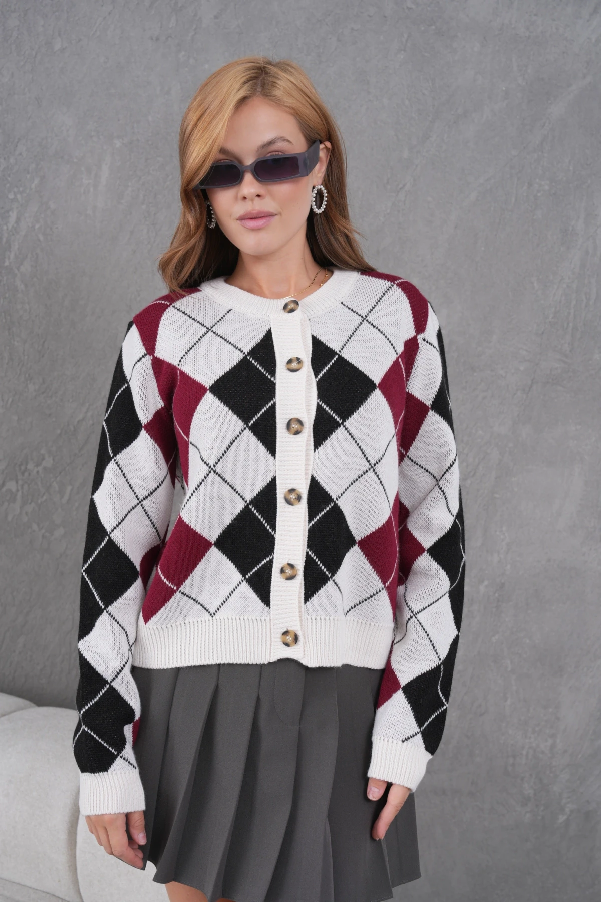 Kadın Bisiklet Yaka Baklava Desenli Düğme Kapama Triko Hırka Ceket 8581Sw