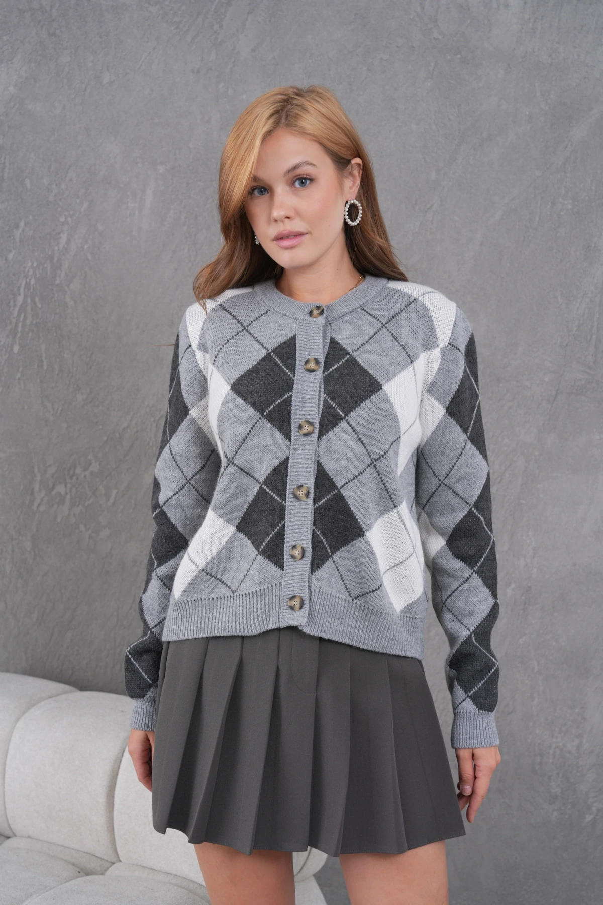 Kadın Bisiklet Yaka Baklava Desenli Düğme Kapama Triko Hırka Ceket 8581Sw