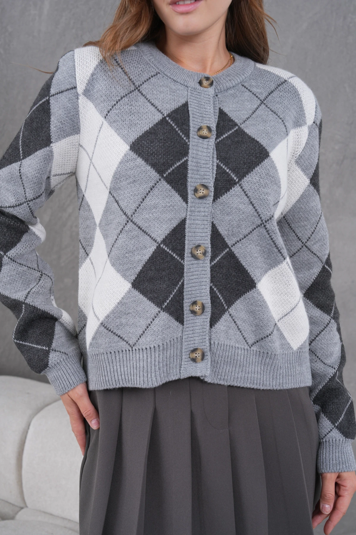 Kadın Bisiklet Yaka Baklava Desenli Düğme Kapama Triko Hırka Ceket 8581Sw