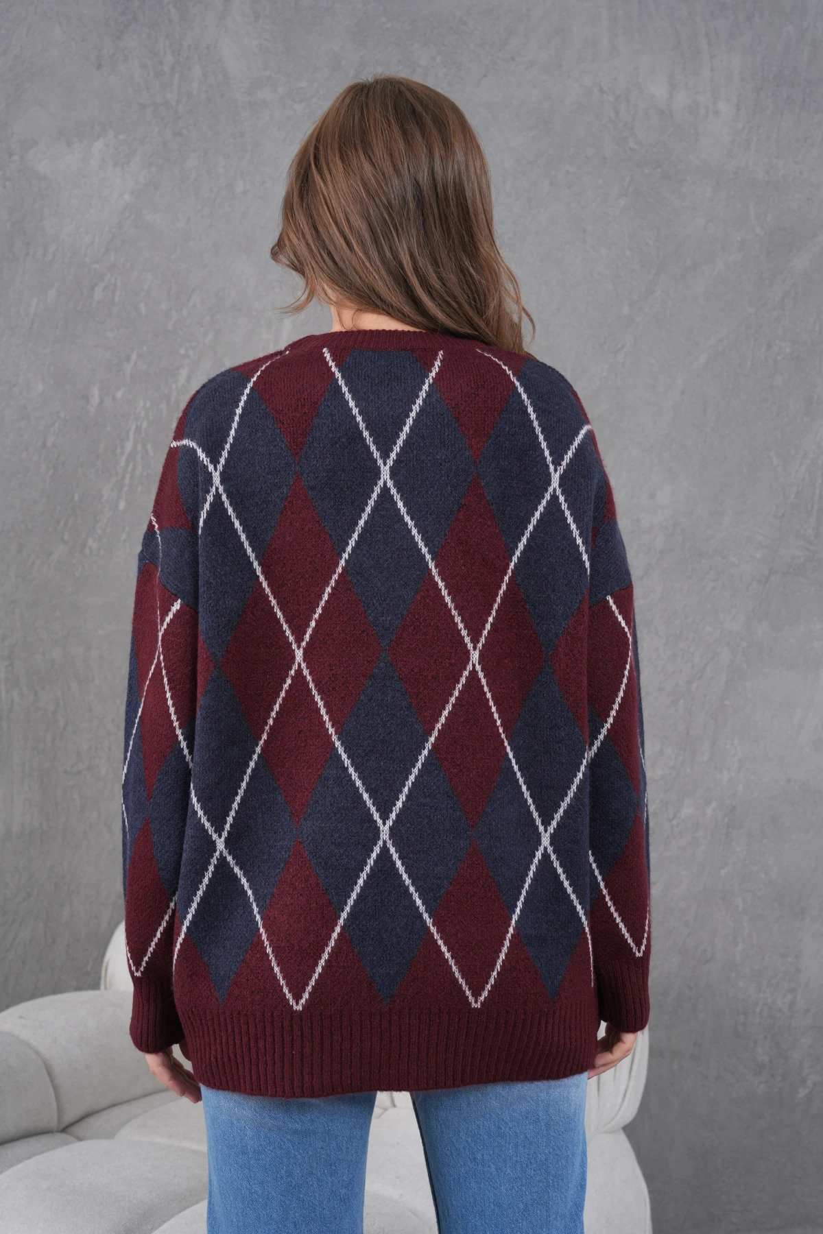 Kadın Bisiklet Yaka Baklava Desenli Yumuşak Dokulu Salaş Triko Kazak