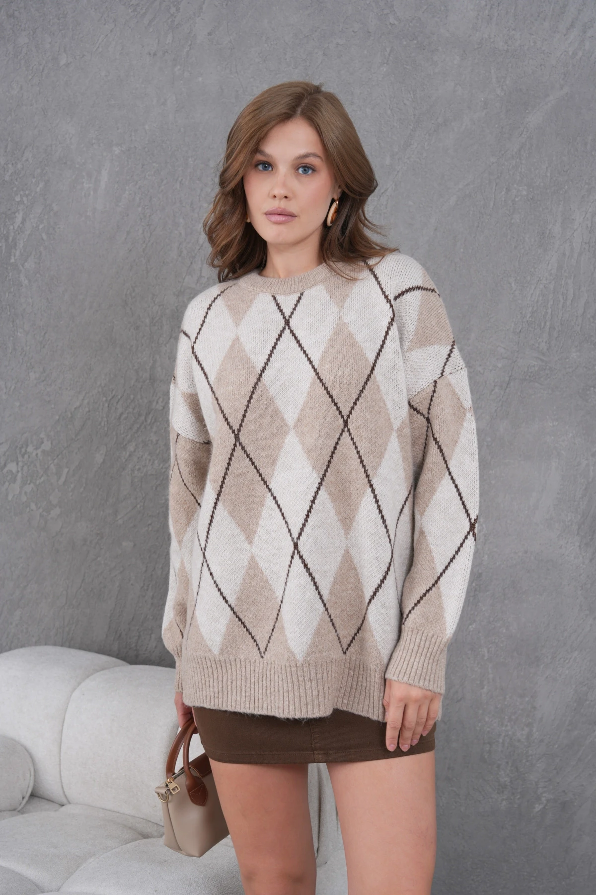 Kadın Bisiklet Yaka Baklava Desenli Yumuşak Dokulu Salaş Triko Kazak