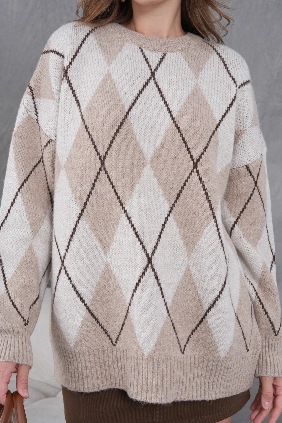 Kadın Bisiklet Yaka Baklava Desenli Yumuşak Dokulu Salaş Triko Kazak